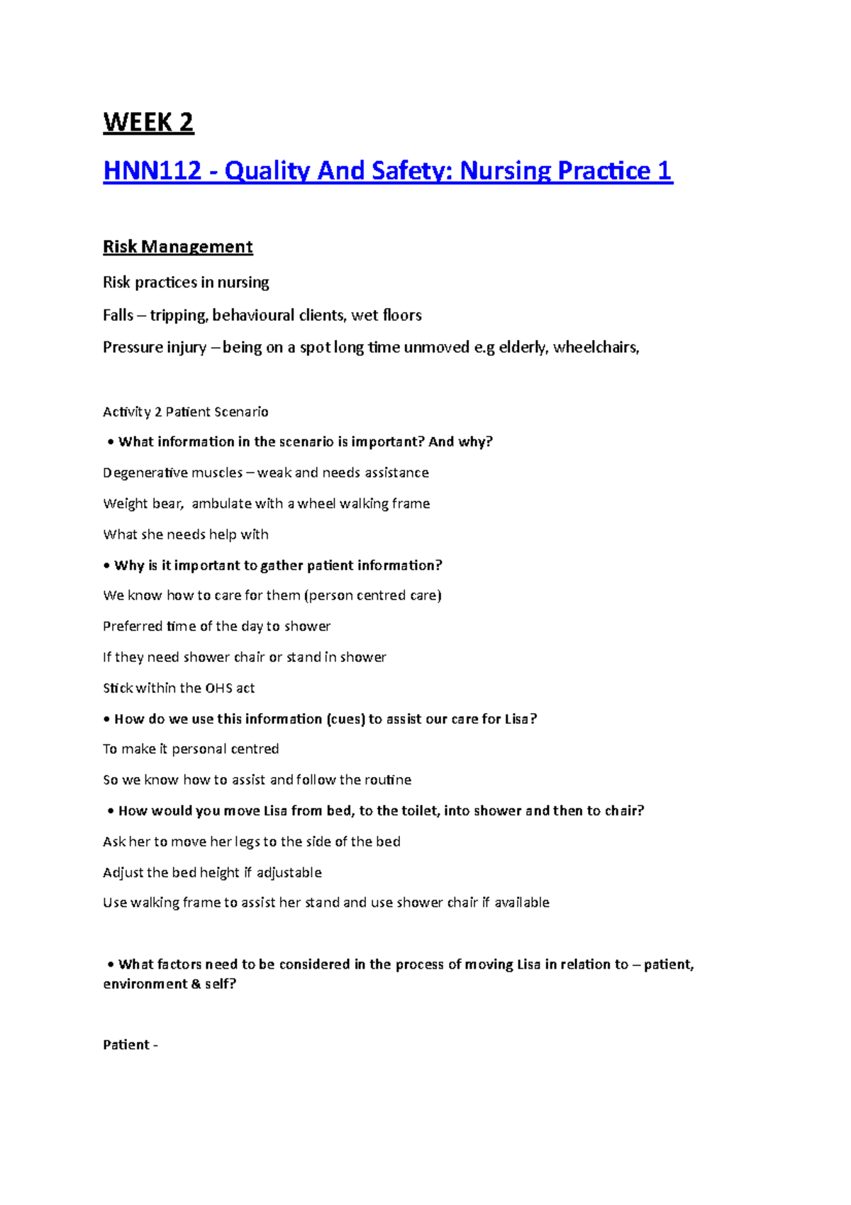 WEEK 2 notes - Summary Nursing - WEEK 2 HNN112 - Quality And Safety ...