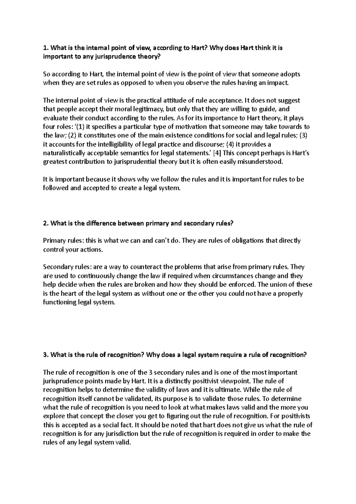 Seminar 2 - 1. What is the internal point of view, according to Hart ...