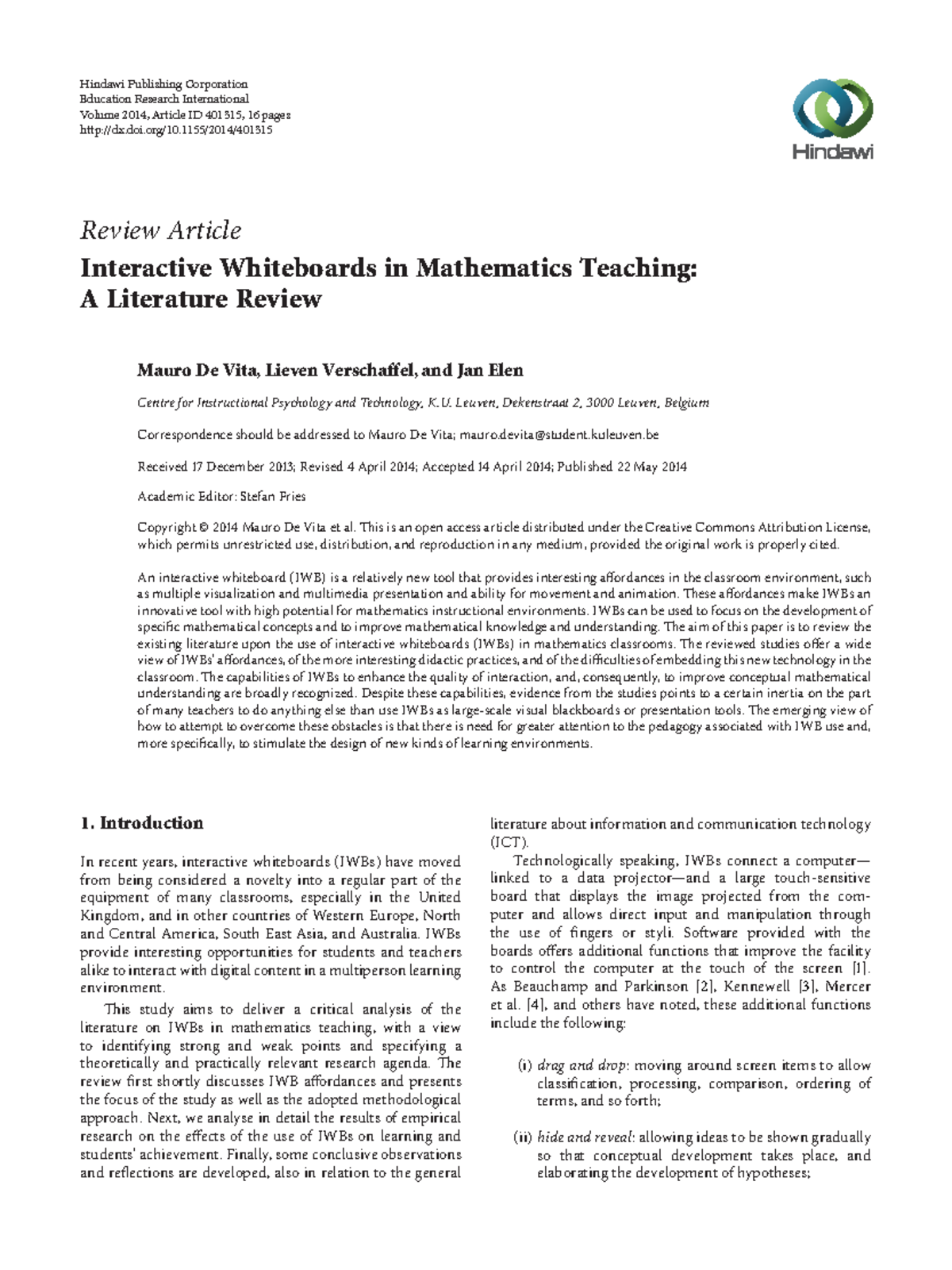 6.. Interactive Whiteboards in Mathematics Teaching - Review Article ...