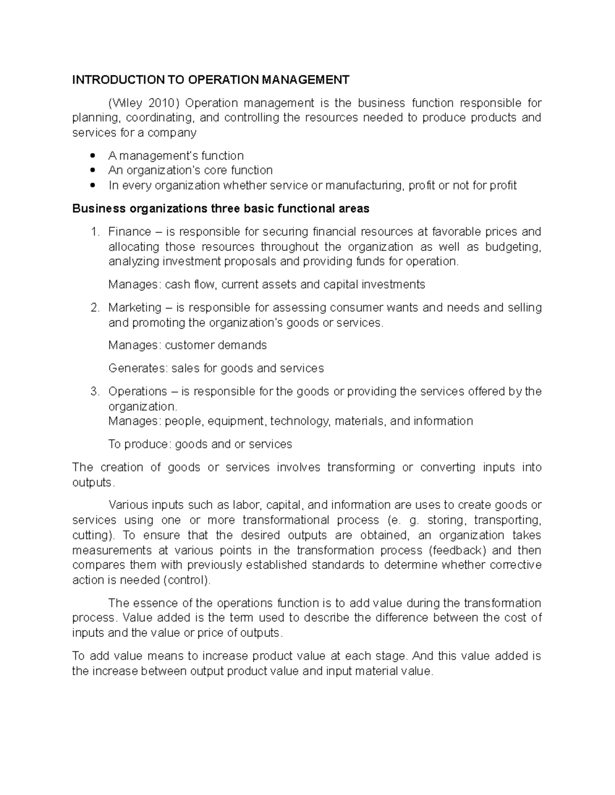 Introduction TO Operation Management - INTRODUCTION TO OPERATION ...