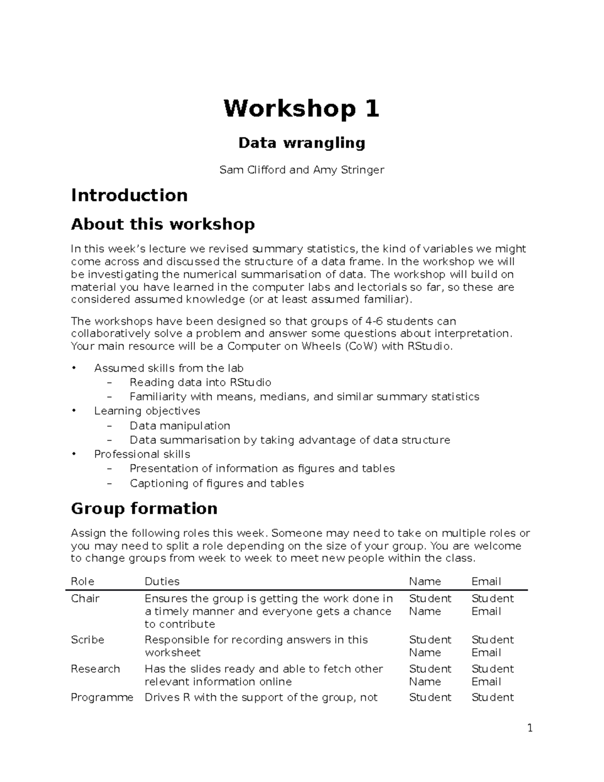 R studio in week 1 - Workshop 1 Data wrangling Sam Clifford and Amy ...