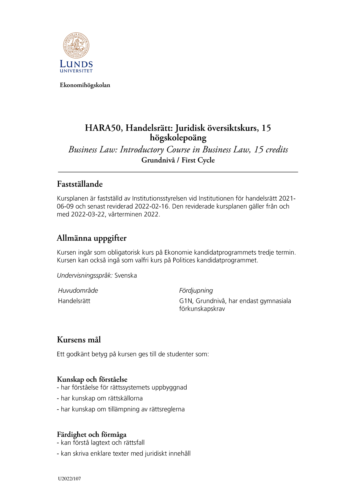 HARA50 Kursplan - Fastställande Kursplanen är Fastställd Av ...