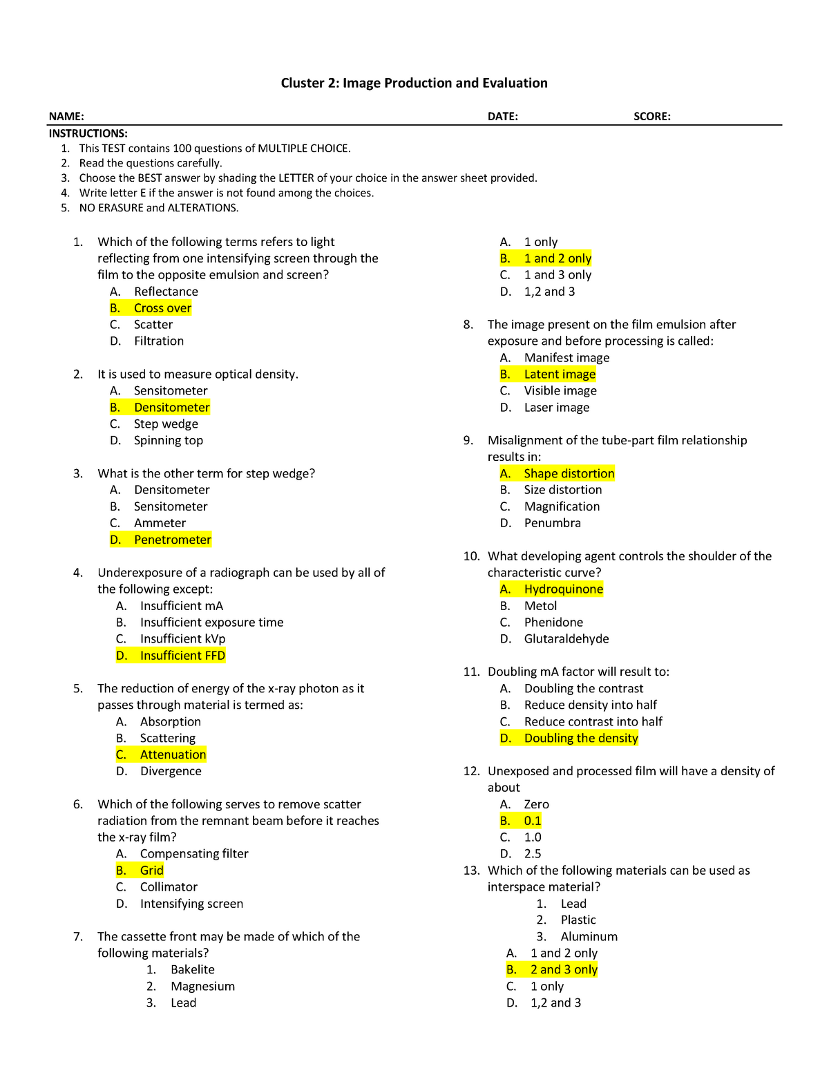 Exam Questions And Answers Cluster 2 Image Production And Evaluation Name Date 6740
