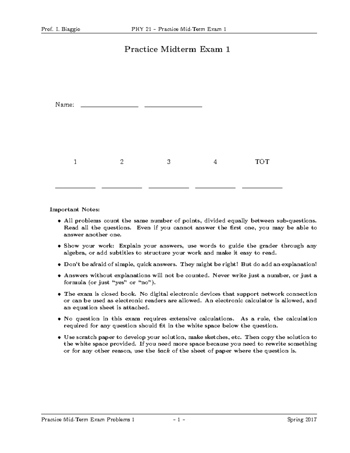 HT1 c - practice materials - Practice Midterm Exam 1 Name: 1 2 3 4 TOT ...