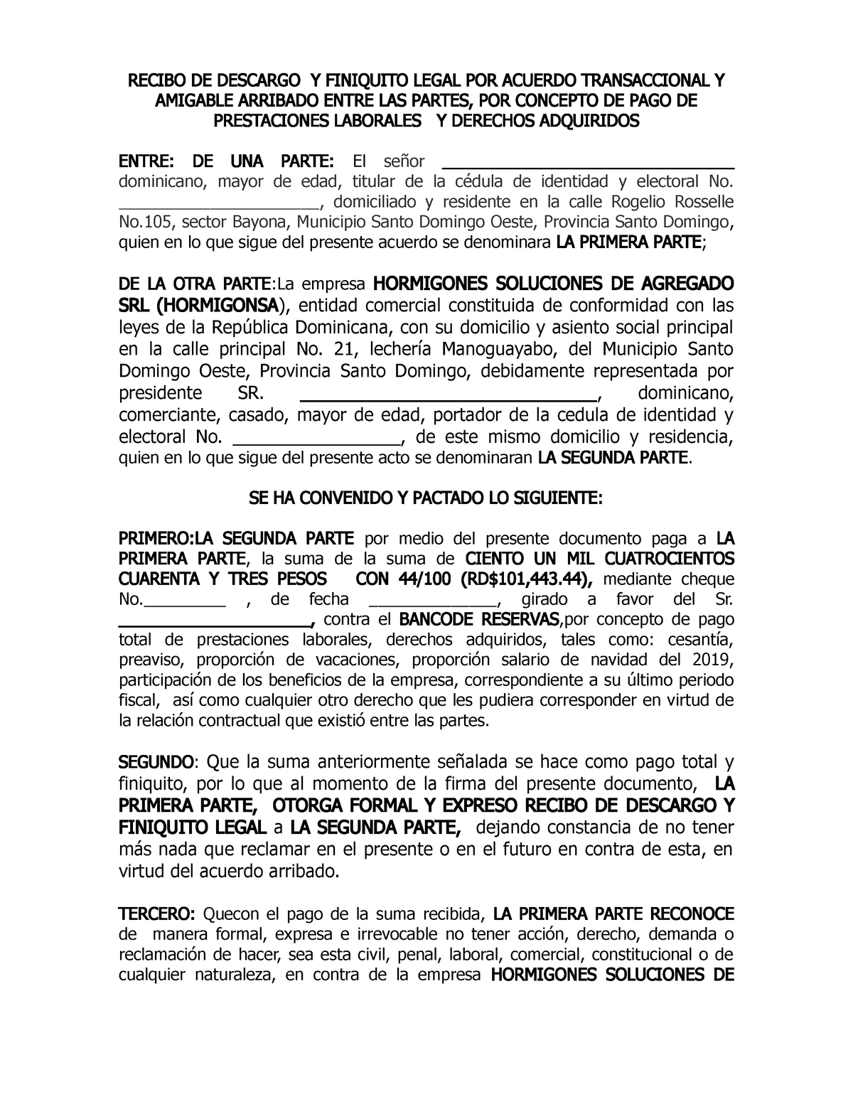 Modelo de Descargo Y finiquito Actual - RECIBO DE DESCARGO Y FINIQUITO  LEGAL POR ACUERDO - Studocu