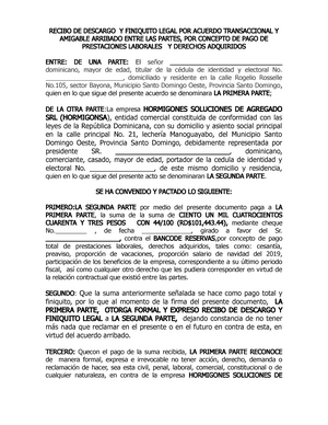 Modelo de Descargo Y finiquito Actual - RECIBO DE DESCARGO Y FINIQUITO  LEGAL POR ACUERDO - Studocu