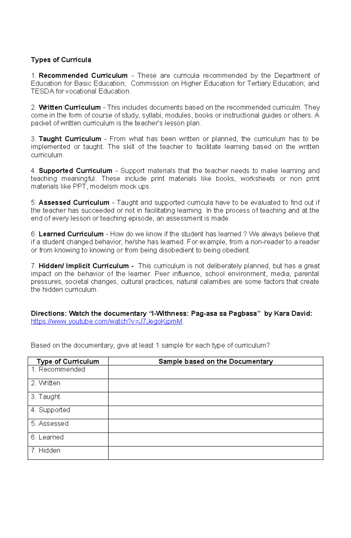 Activity 1 Types of Curricula - Types of Curricula Recommended ...