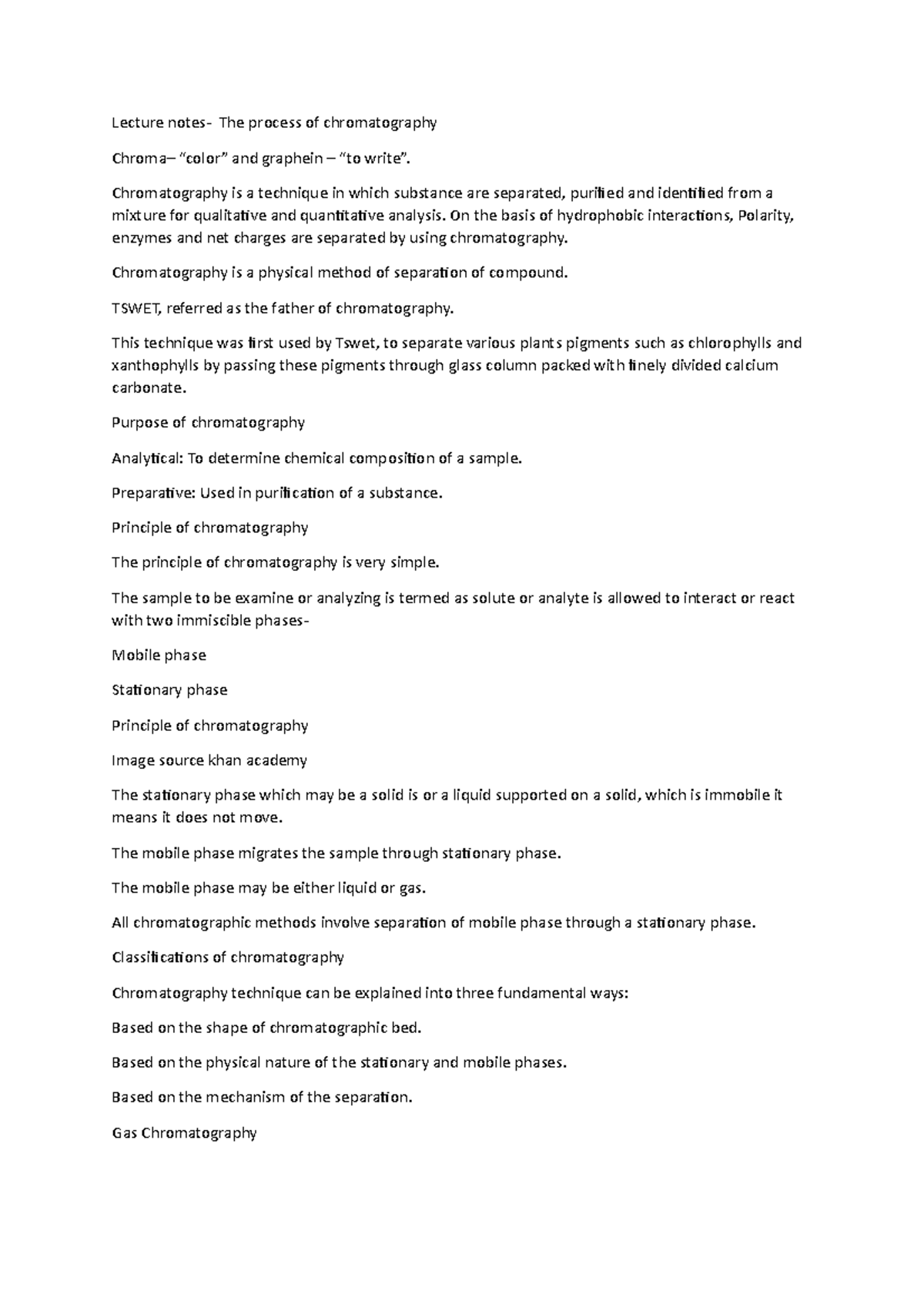 Lecture notes The process of chromatography Lecture notes The