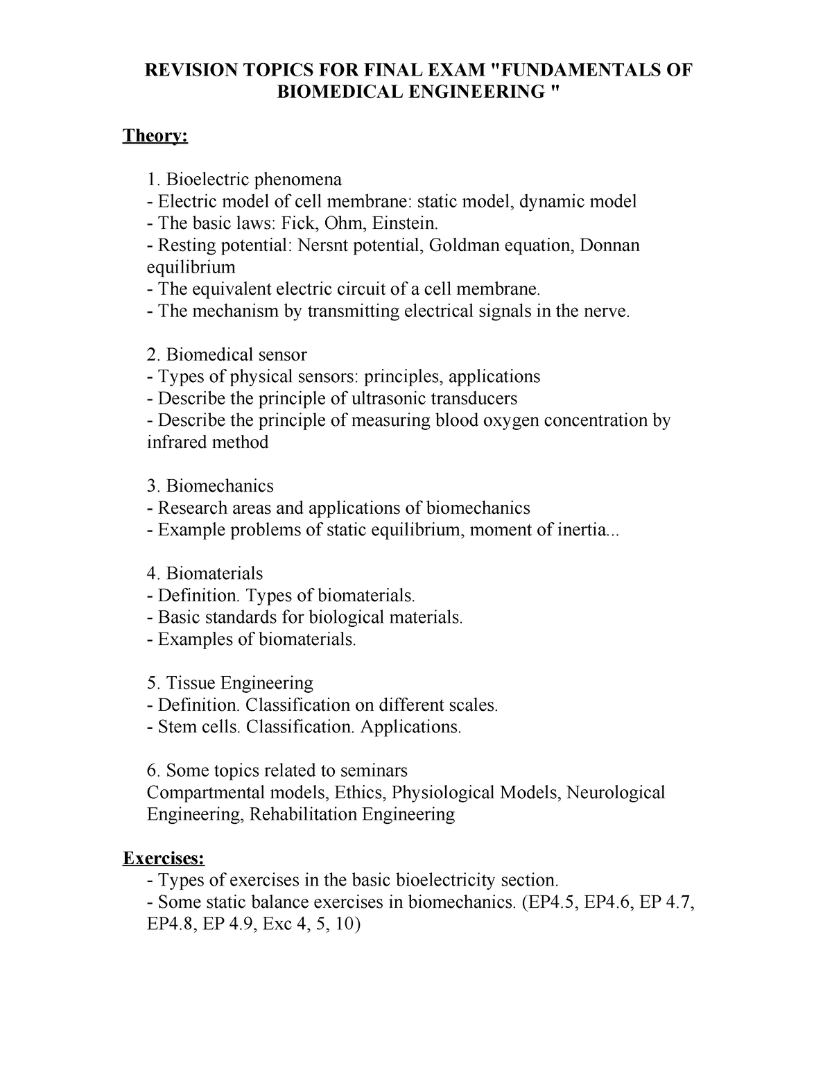 Revision Final Exam FBME 2023-2024 - REVISION TOPICS FOR FINAL EXAM ...