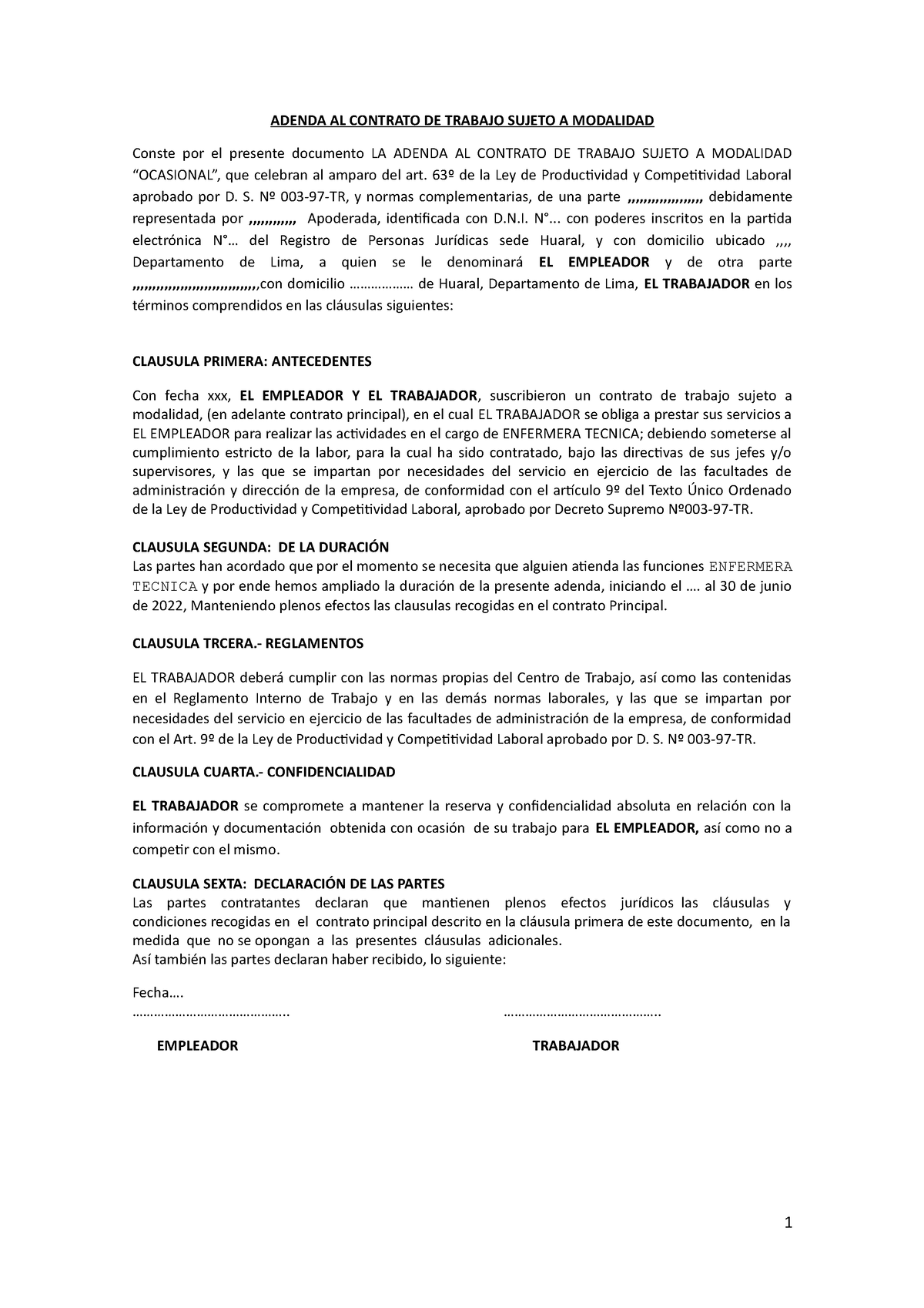 Adenda Pl Adenda Al Contrato De Trabajo Sujeto A Modalidad Conste Por El Presente Documento La 1920