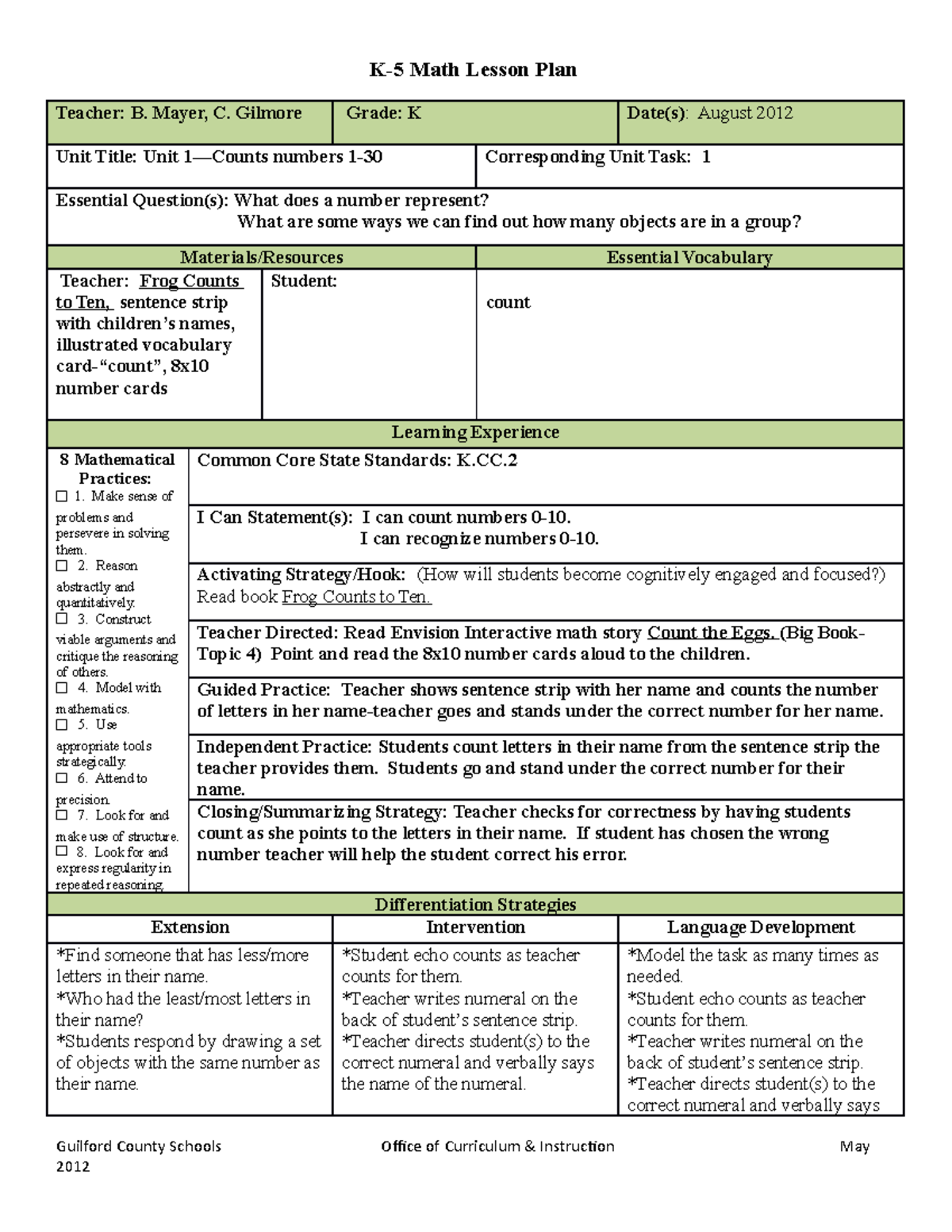 Unit 1Task 4c - K-5 Math Lesson Plan Teacher: B. Mayer, C. Gilmore ...