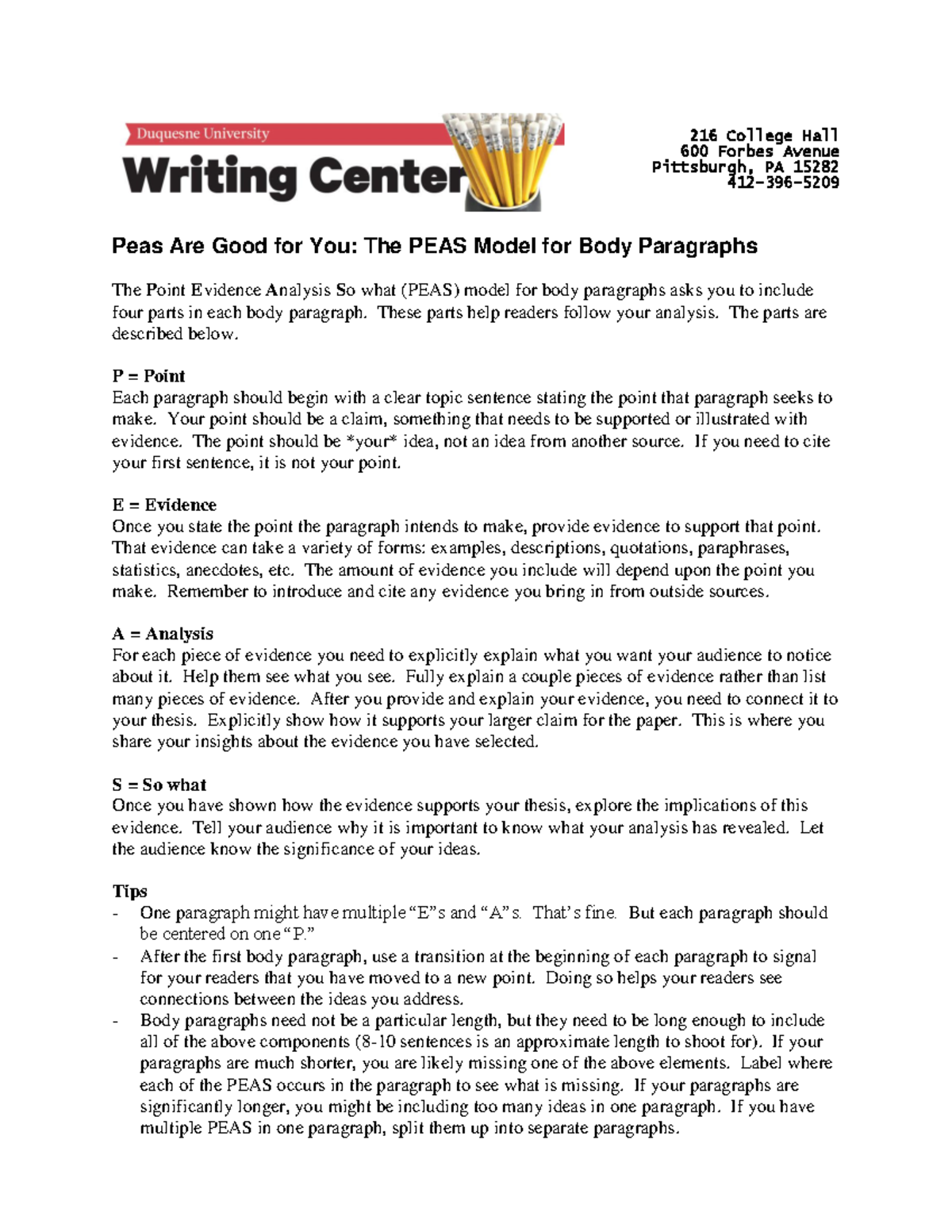 PEAS Model for Body Paragraphs March 2017 2 16 College Hall 6 00