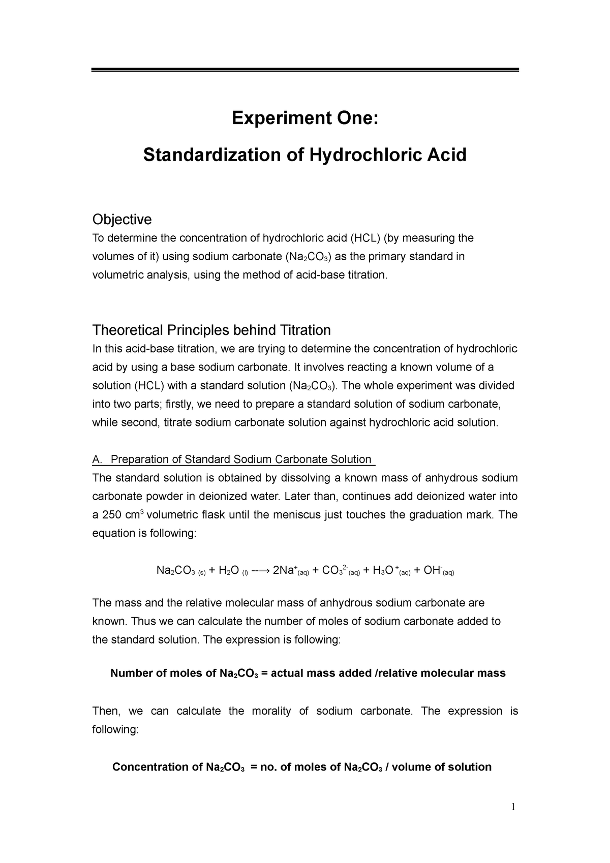 53672613 Standardization of Hydrochloric Acid - Experiment One: Standardization of Hydrochloric 