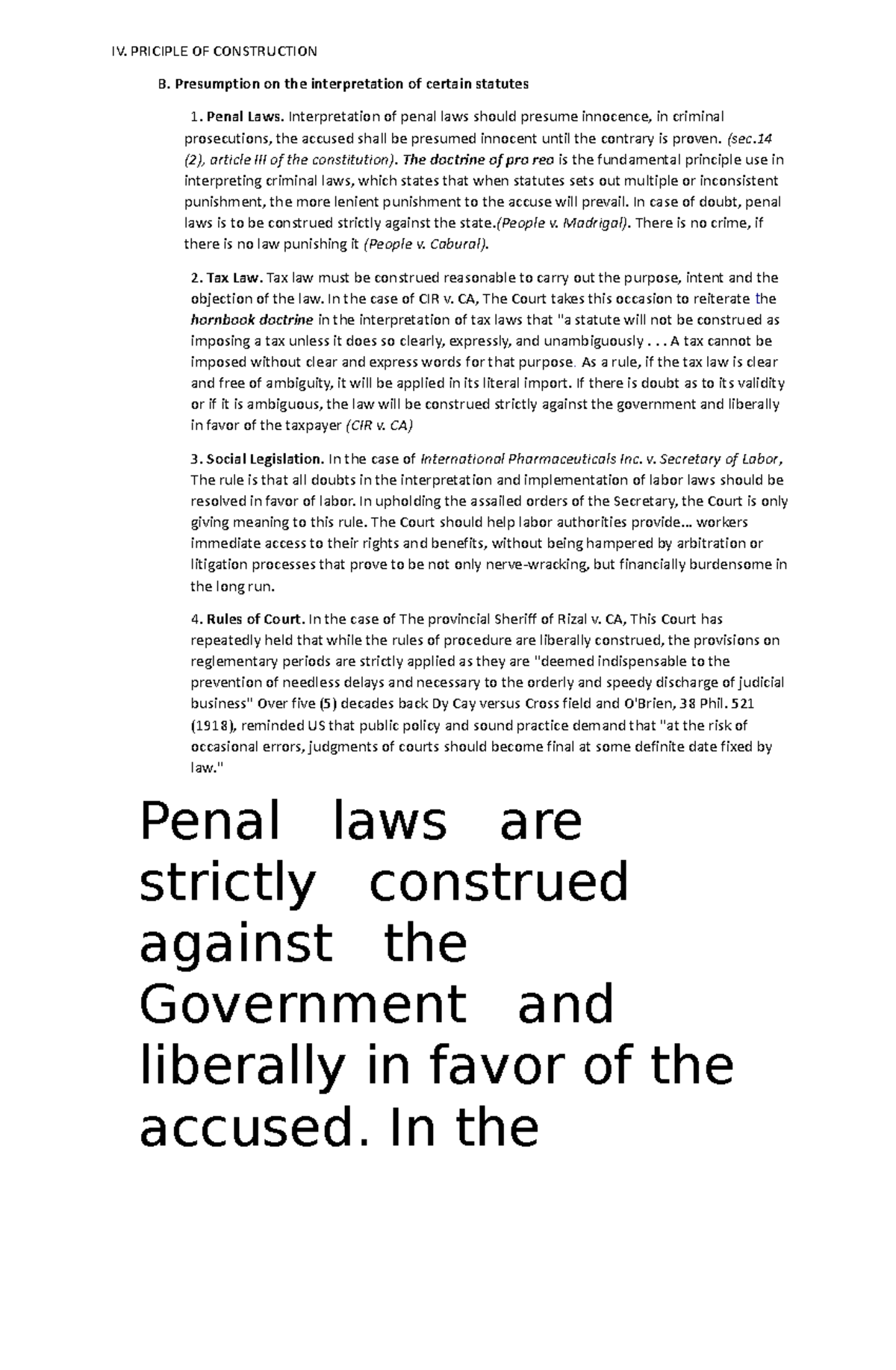 Statutory construction IV. PRICIPLE OF CONSTRUCTION B. Presumption on