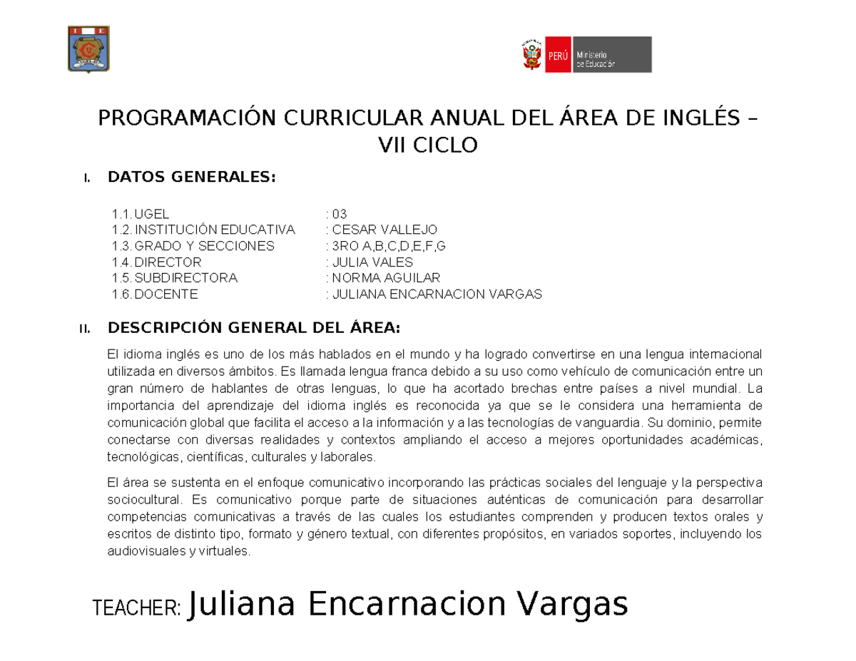 Program. Anual VII Ciclo 4TO Grado - PROGRAMACIÓN CURRICULAR ANUAL DEL ...