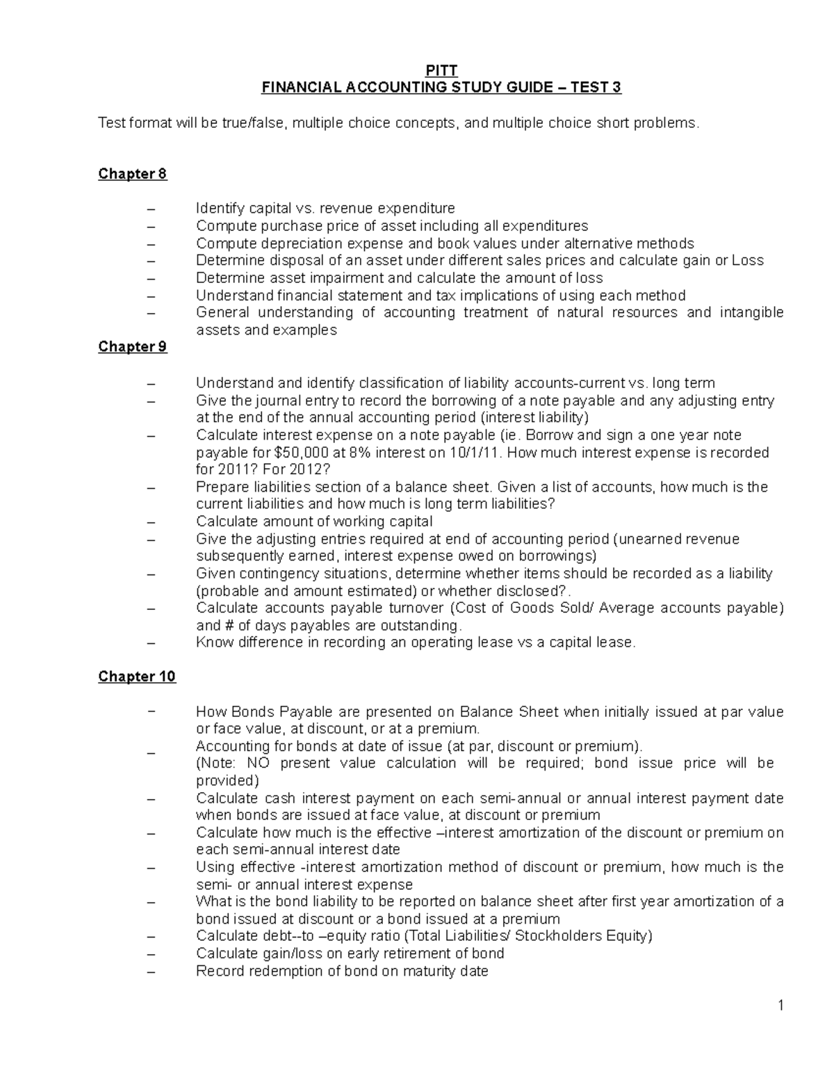 Pitt.Finl Acct.Study Guide Test 3.Ch.8 PITT FINANCIAL ACCOUNTING