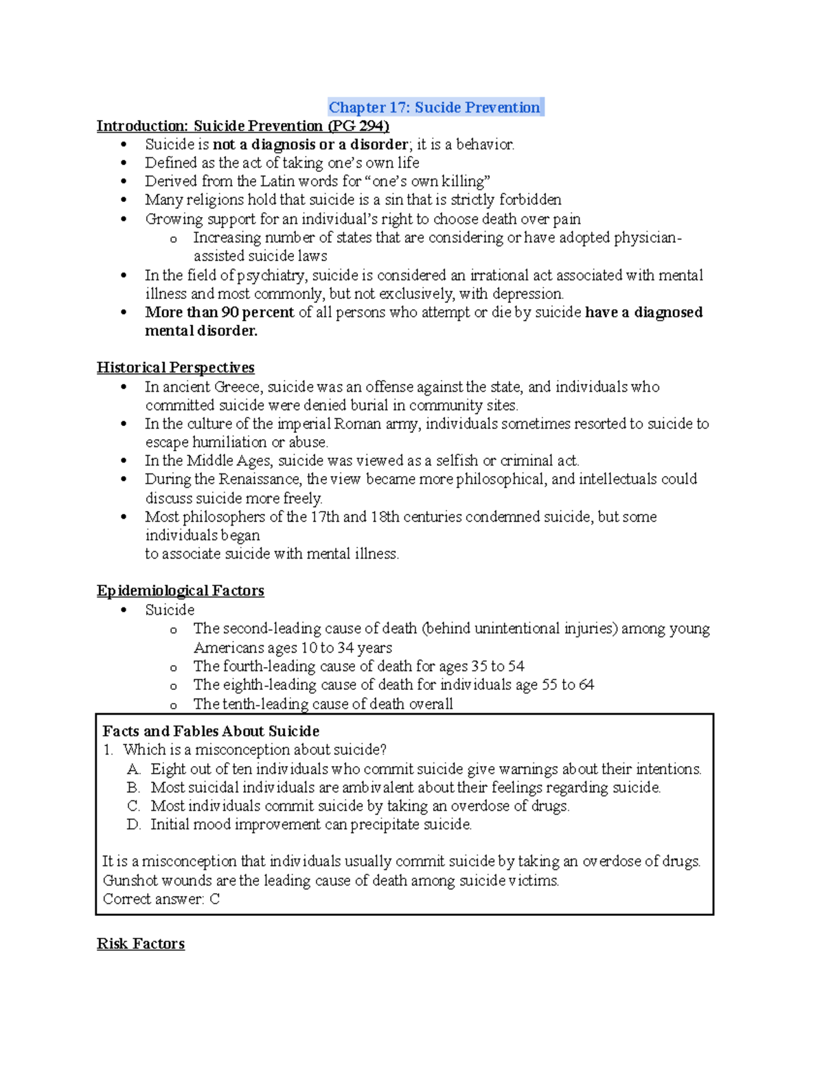 Chapter 17 Notes - Chapter 17: Sucide Prevention Introduction: Suicide ...