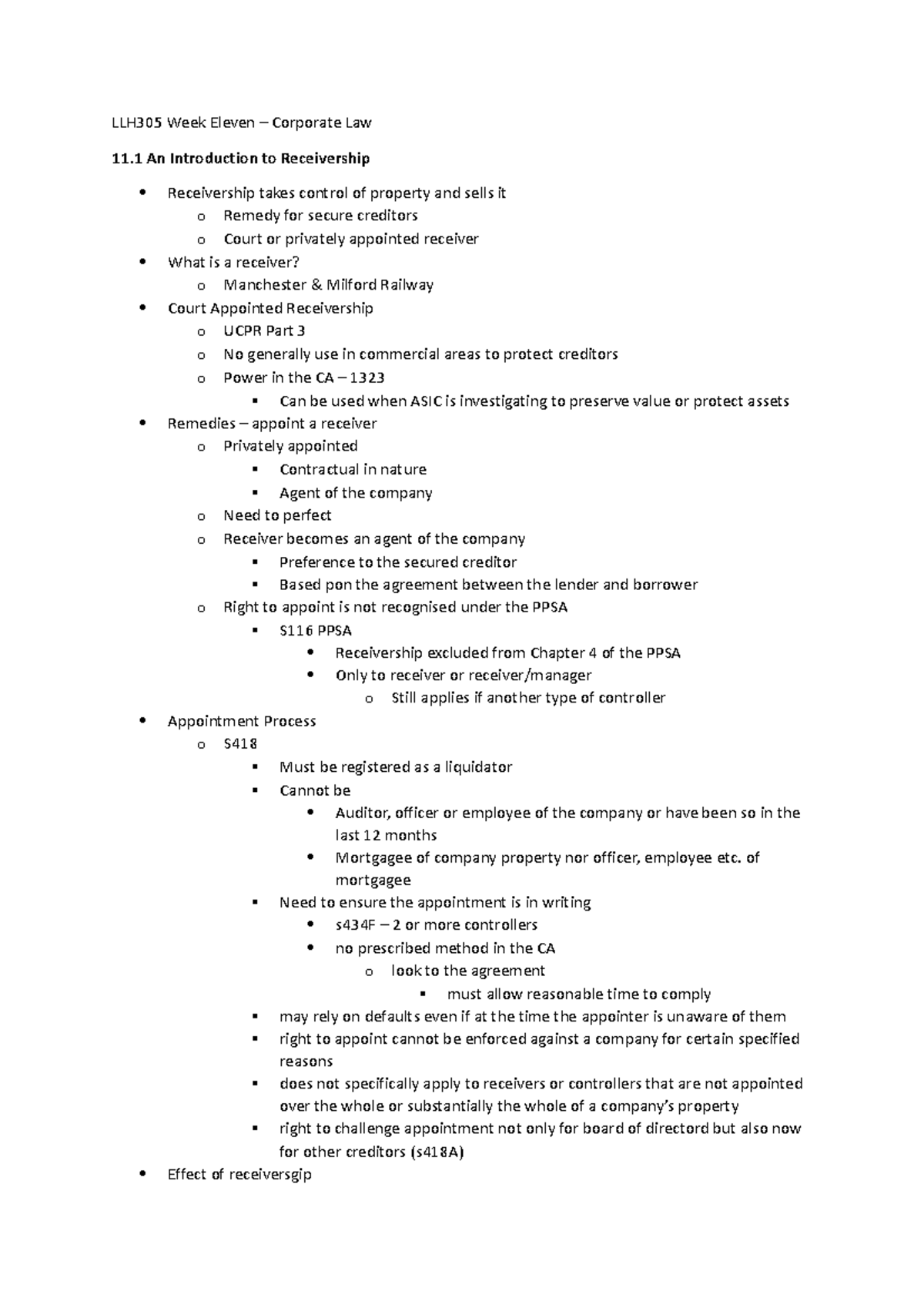 LLH305 Week Eleven - Lecture notes - LLH305 Week Eleven – Corporate Law ...
