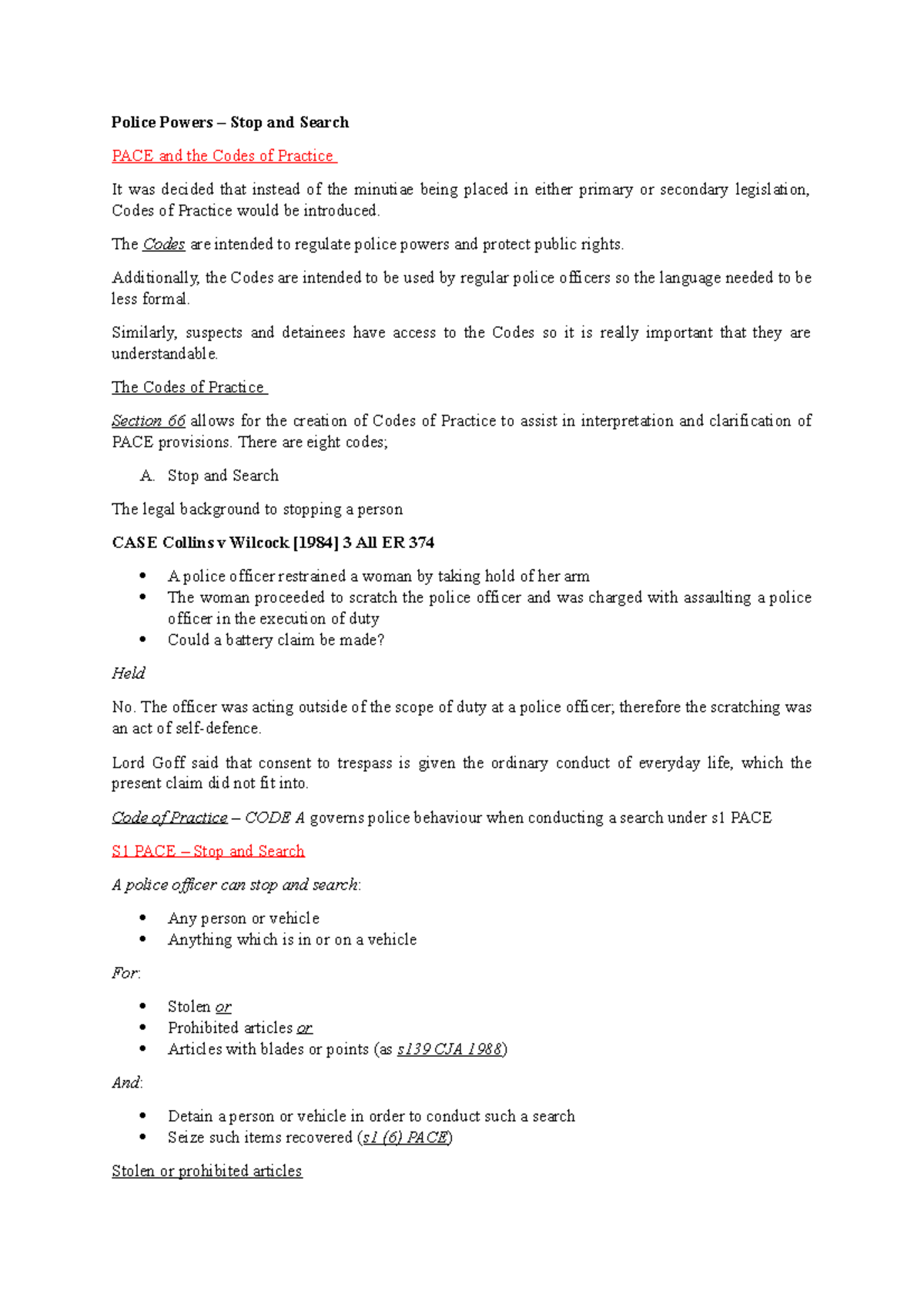 Police powers stop and search Police Powers Stop and Search PACE and the Codes of Practice