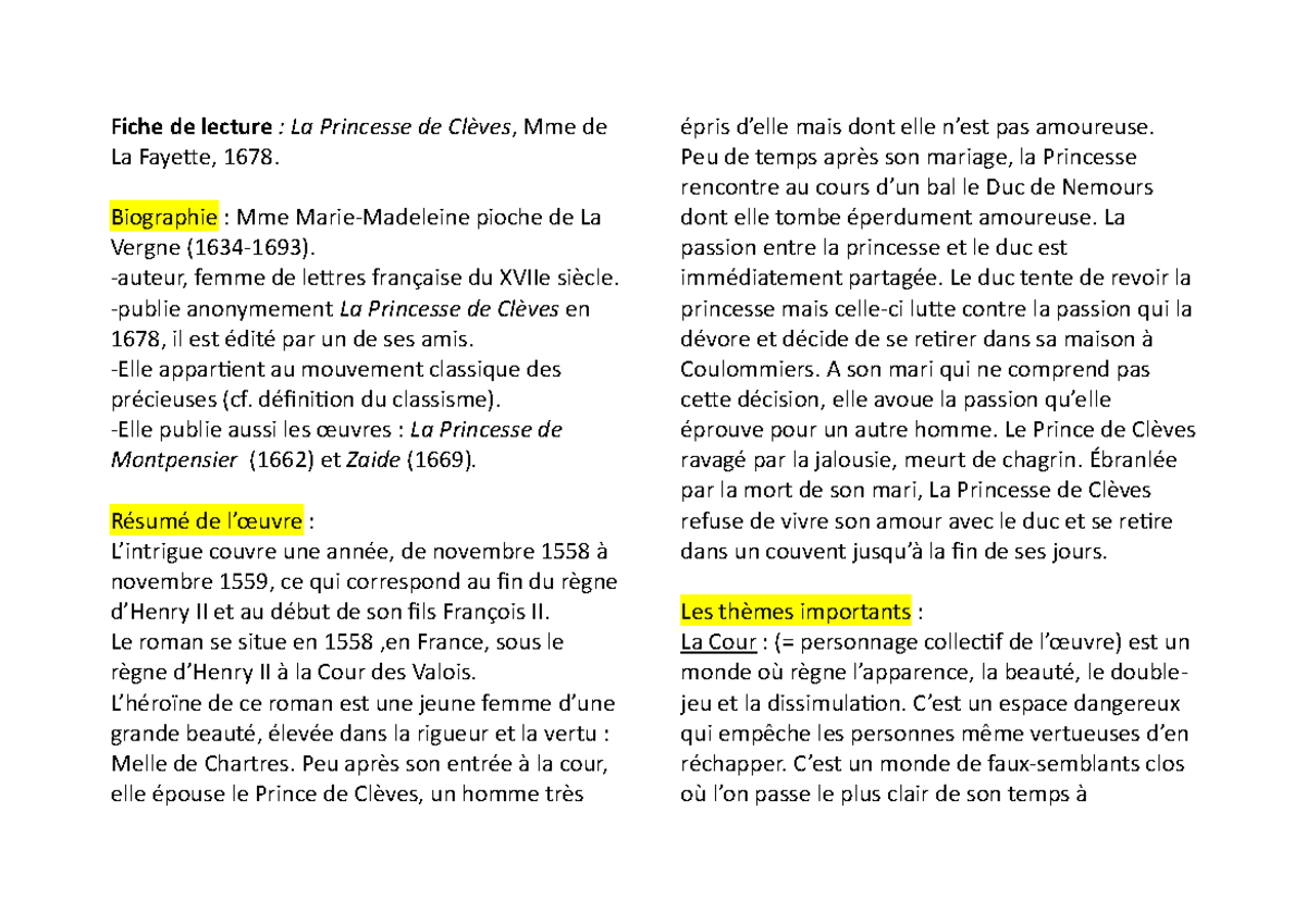 Carnet De Lecture La Princesse De Clèves Correction