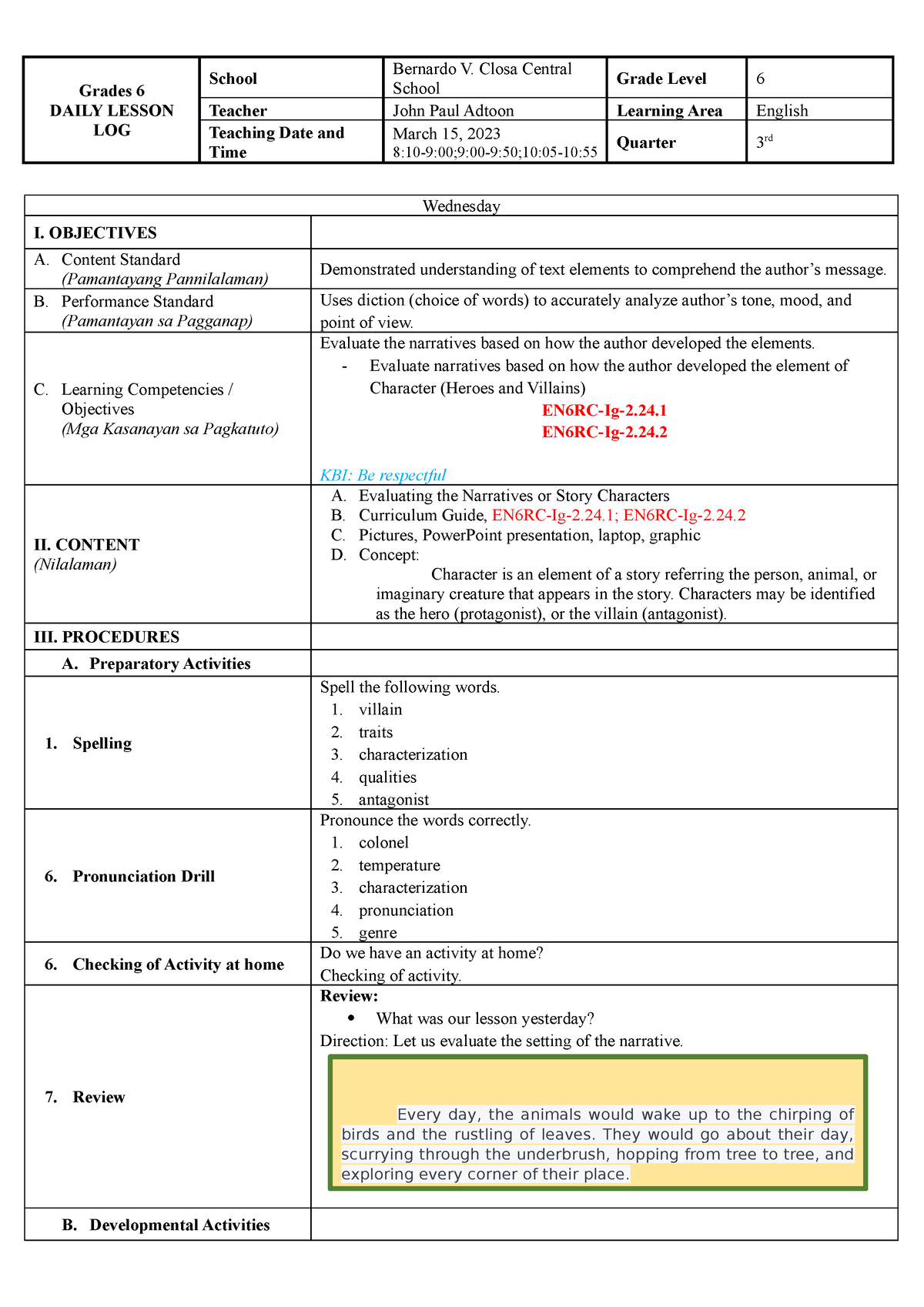 ENG6 EVAL Character - Lesson plan - Grades 6 DAILY LESSON LOG School ...