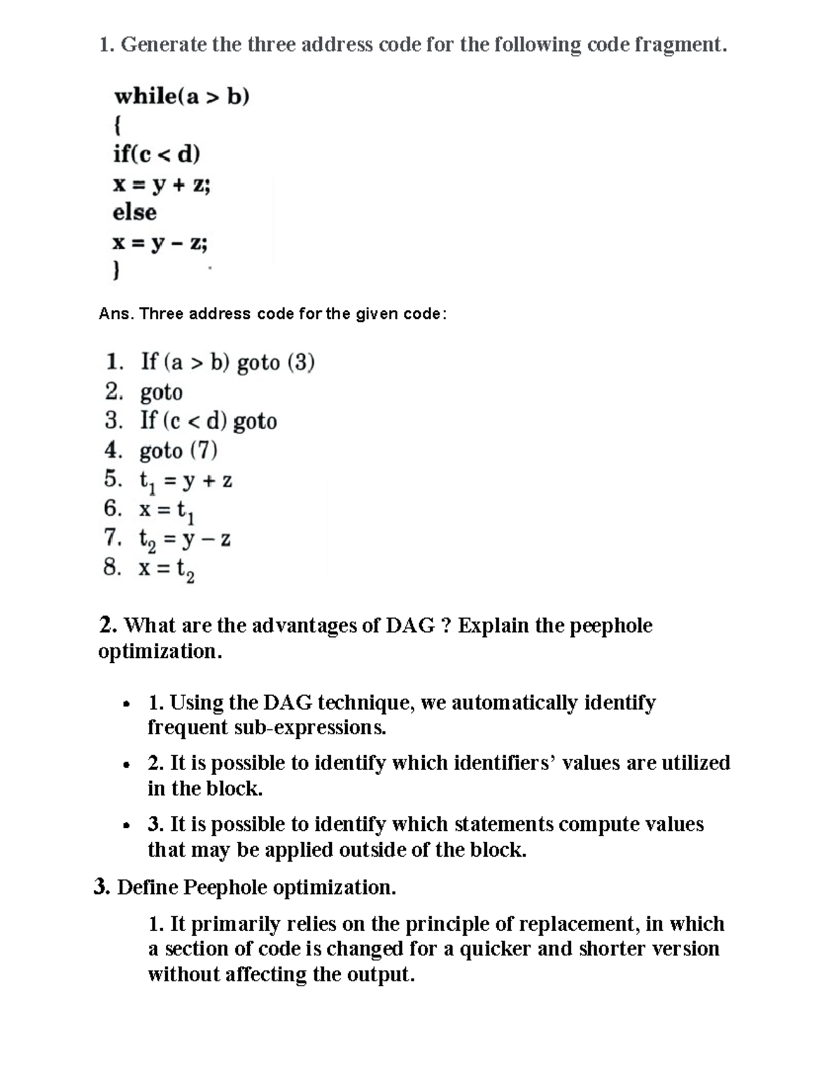Comp notes - 1. Generate the three address code for the following code ...