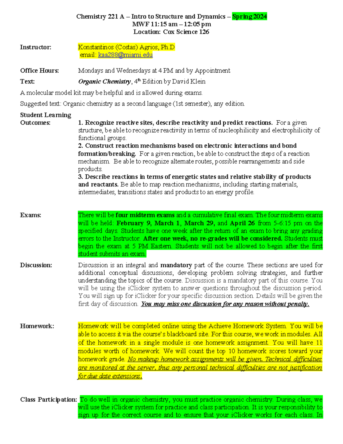 CHM 221 K Agrios Spring 2024 Syllabus - Chemistry 221 A – Intro to ...