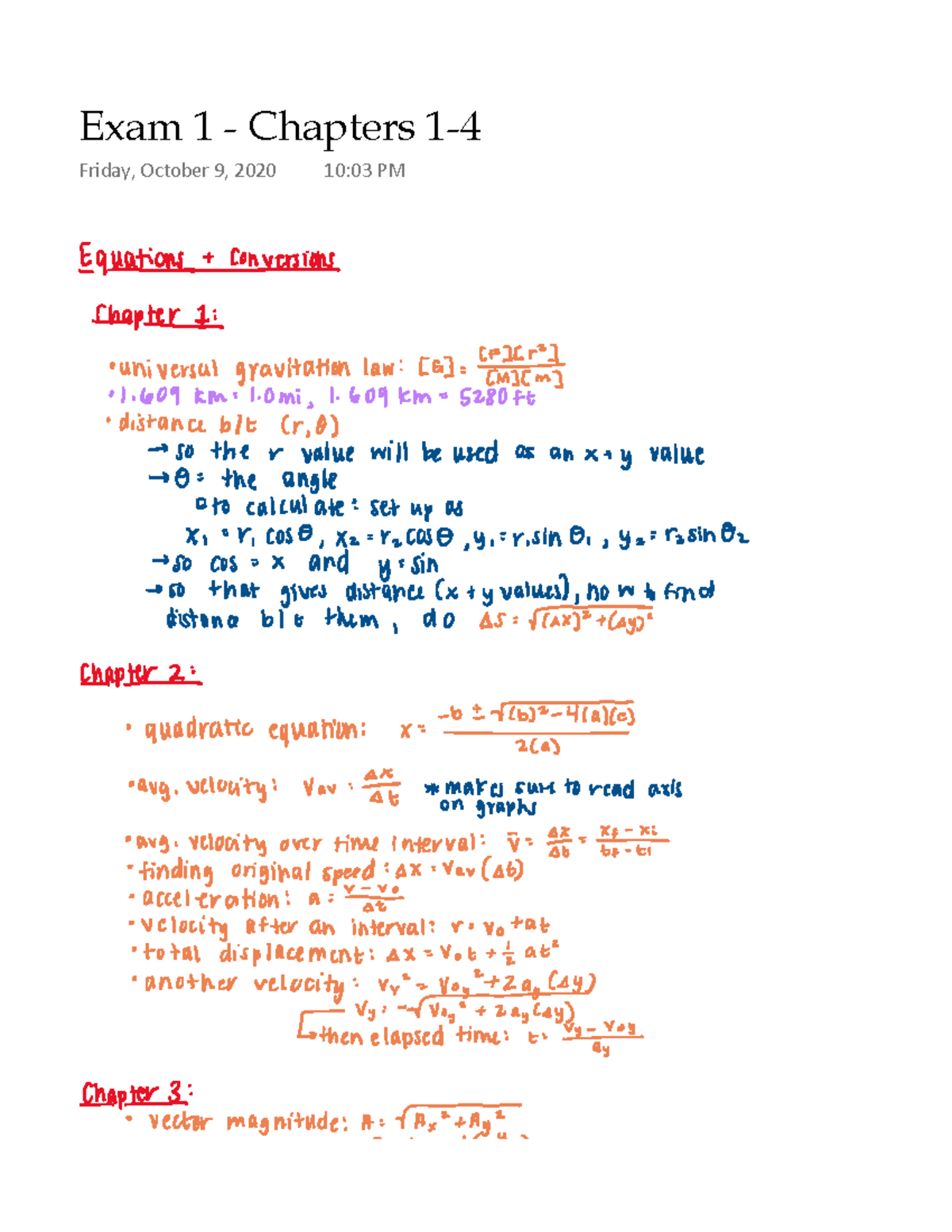 Physics Exam 1 Review- Chapters 1-4 - PHY 101LR - Warning: TT ...