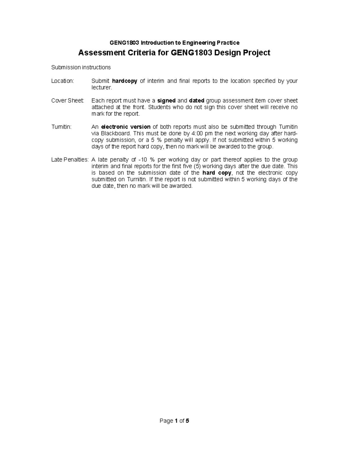 GENG1803 Project Marking Guide - GENG1803 Introduction to Engineering ...
