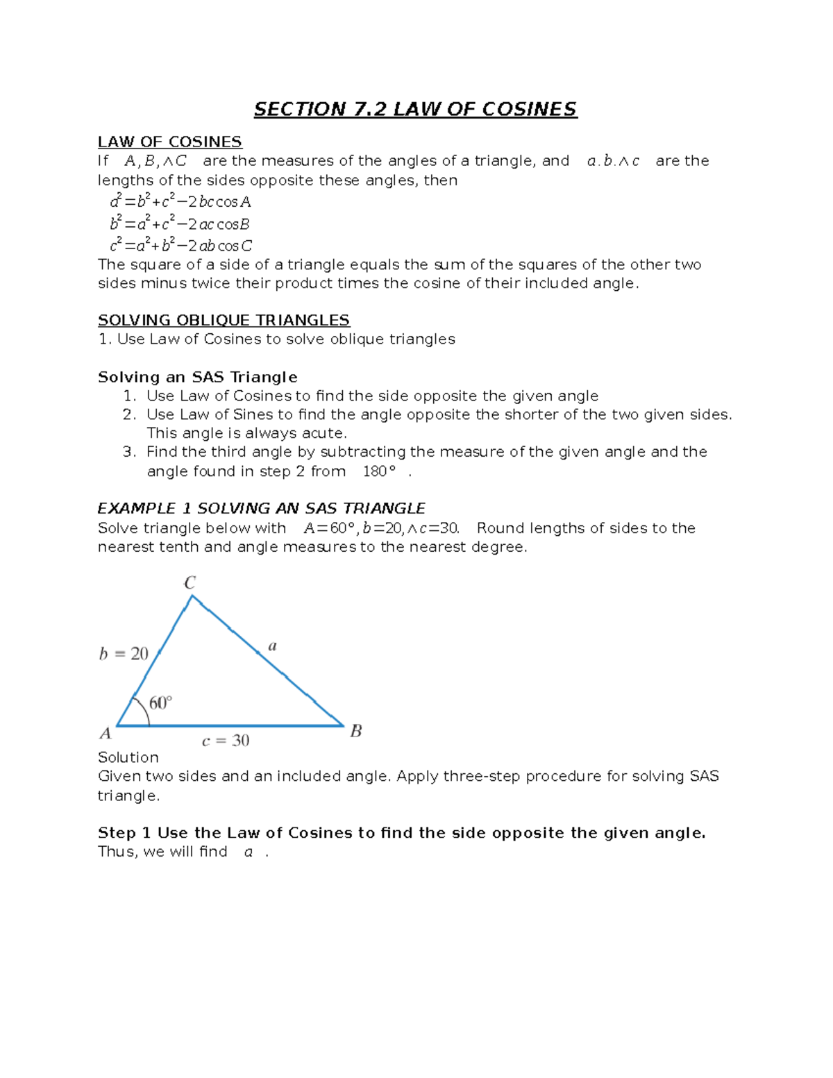 Sec7 subsection 2, 7.2 - SECTION 7 LAW OF COSINES LAW OF COSINES If A ...