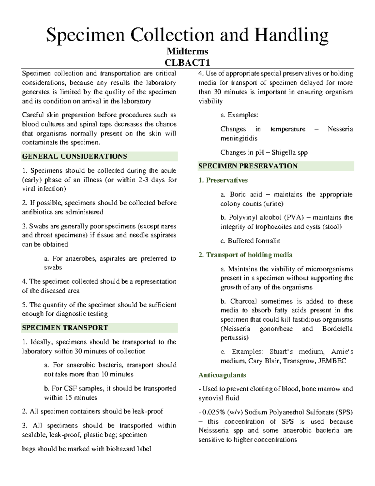 Clinical Bacteriology Specimen Collection and Handling Specimen