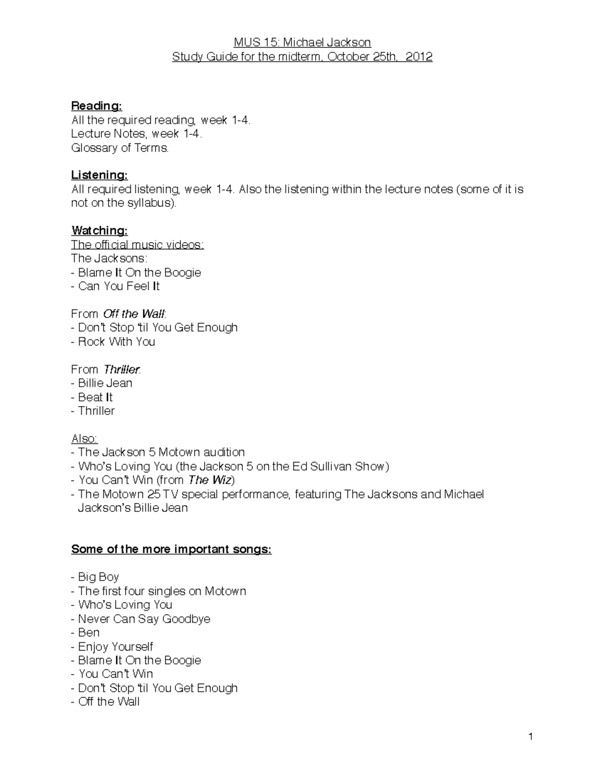Mus 15 Midterm Study Guide Reading All The Required Reading Week 1 4 Lecture Notes Week 1 4 Studocu