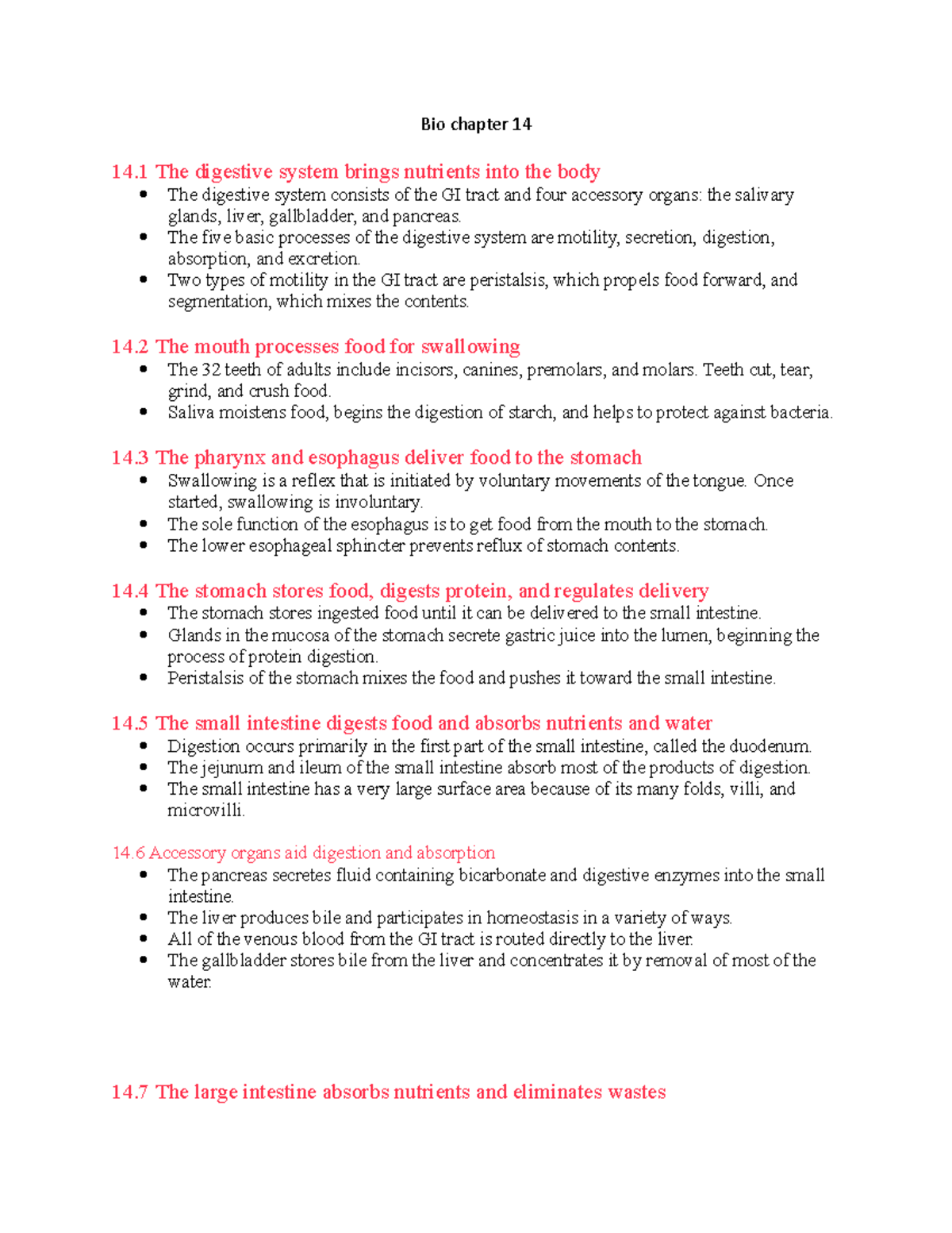 Bio chapter 14 - notes - Bio chapter 14 14 The digestive system brings ...