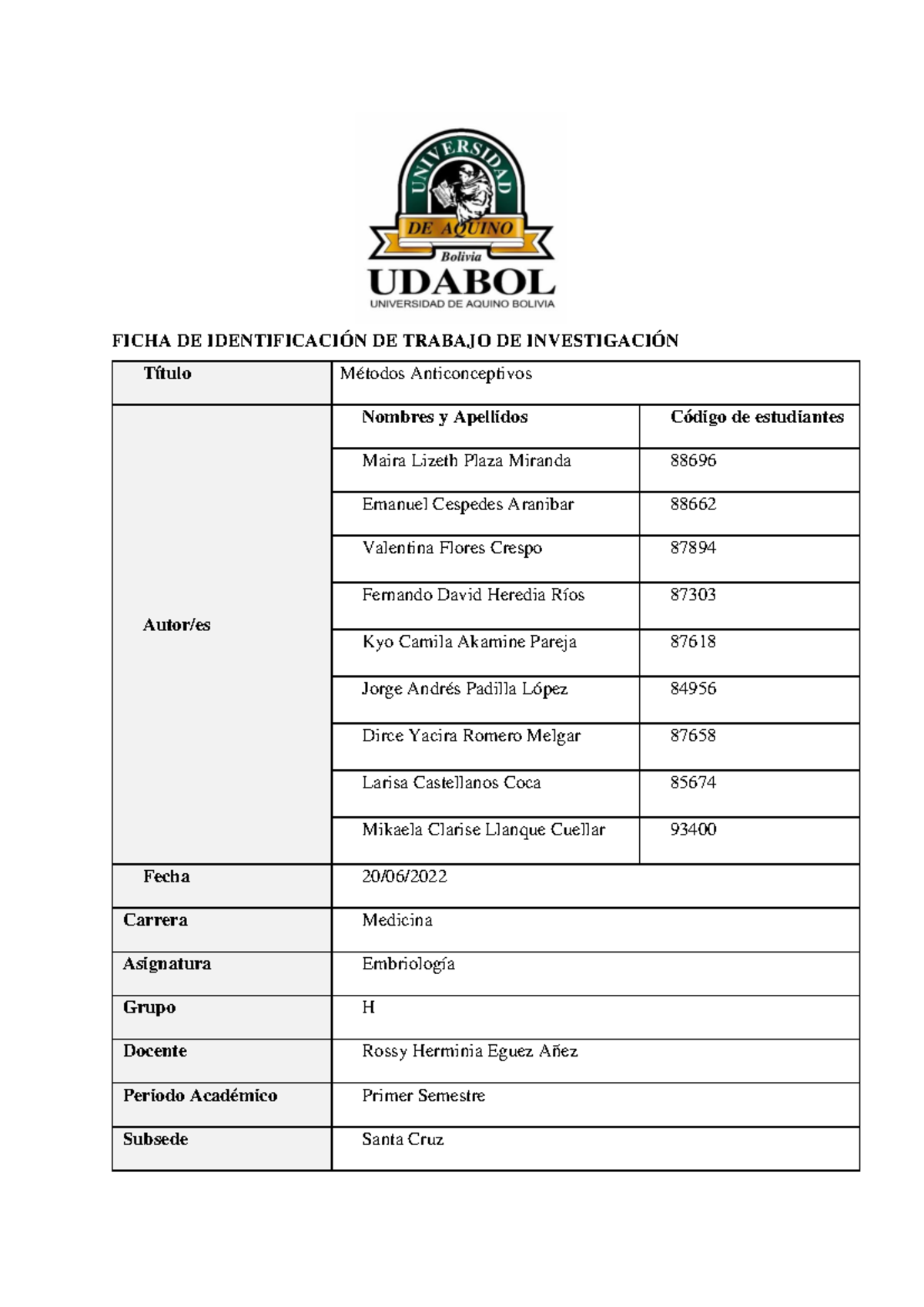 Monografia Embrio Ofc Ficha De Identificaci N De Trabajo De