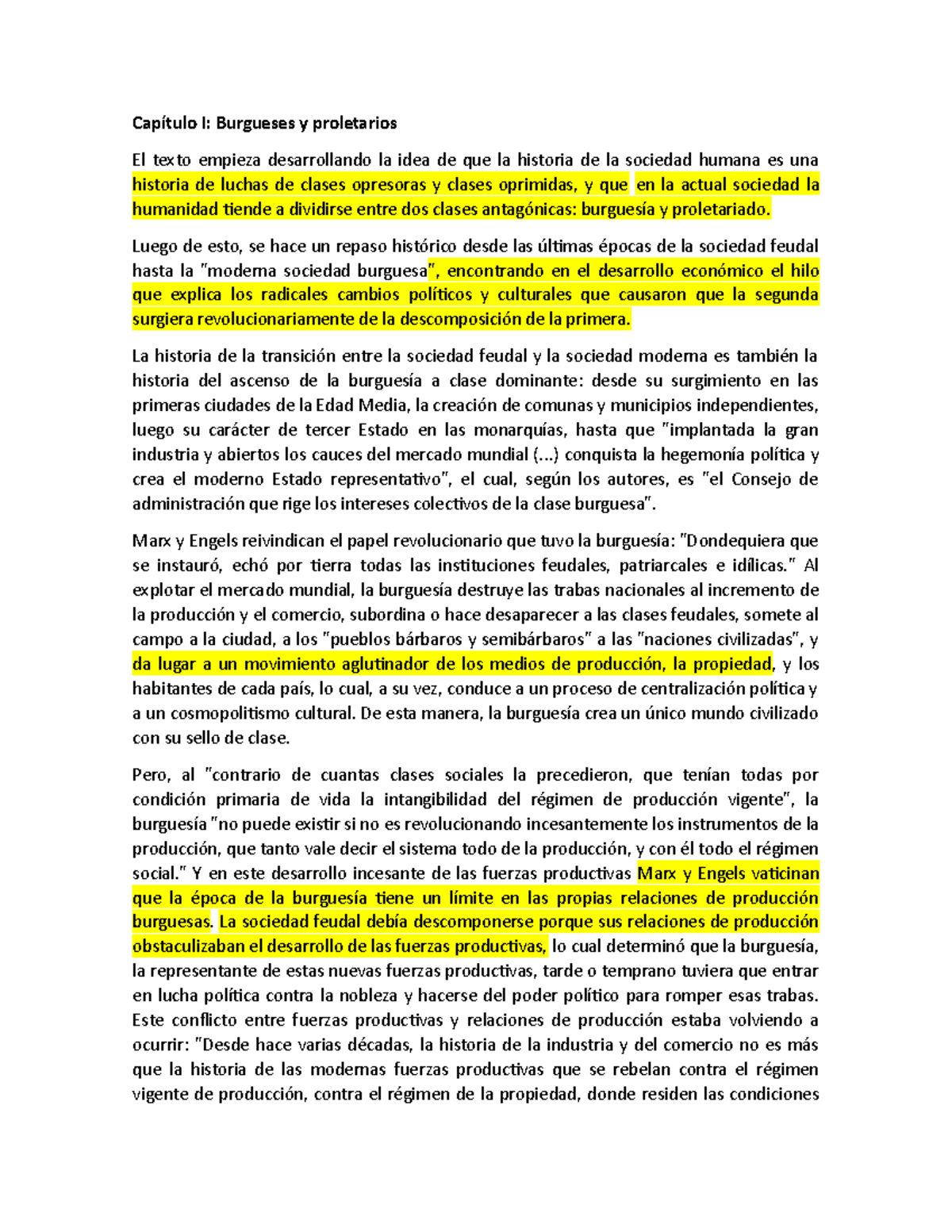 Resumen manifiesto comunista Capítulo I Burgueses