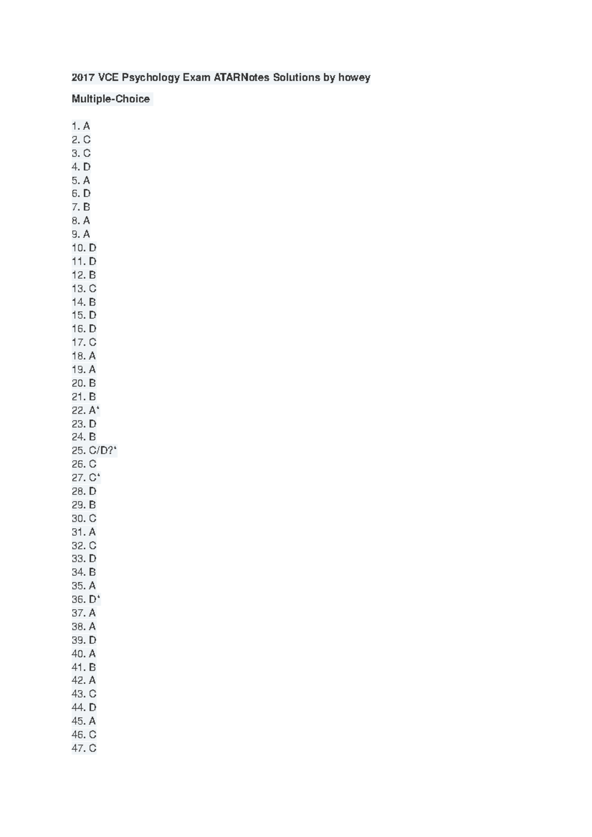 [VCE Psychology] 2017 VCAA Unit 34 Atarnotes Solutions 2017 VCE