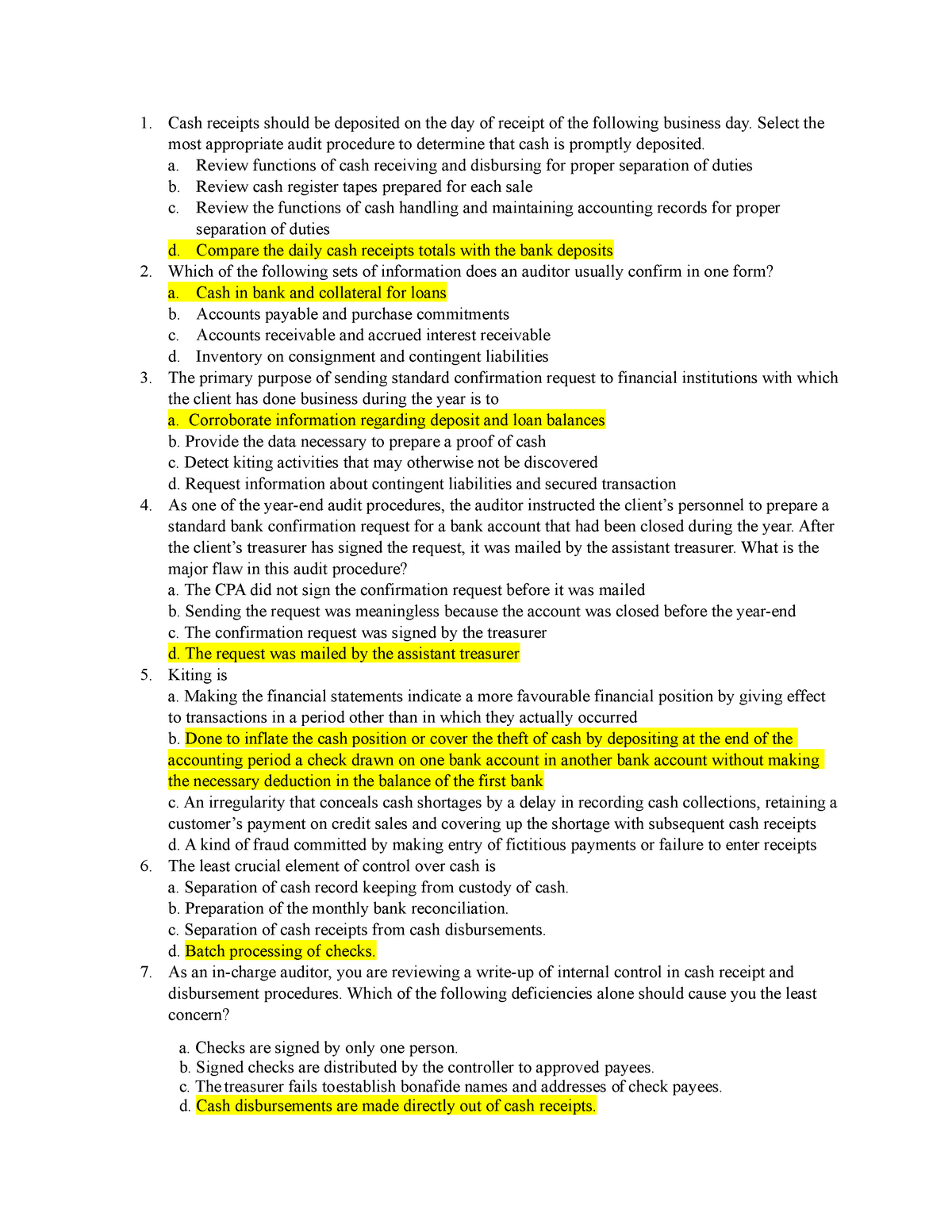 Auditing Quiz - Cash And Cash Equivalents - Cash Receipts Should Be ...