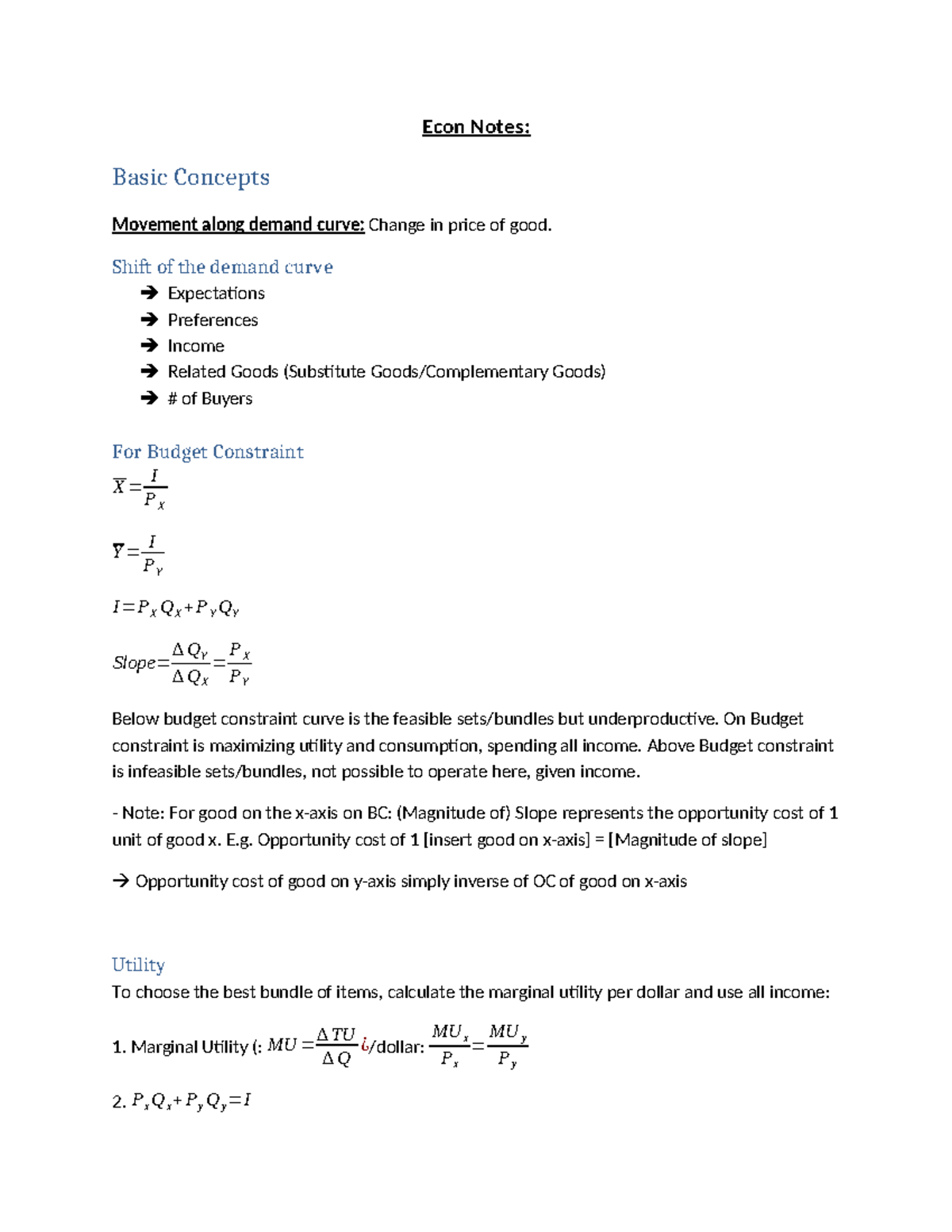 Econ Notes - Econ Notes: Basic Concepts Movement along demand curve ...