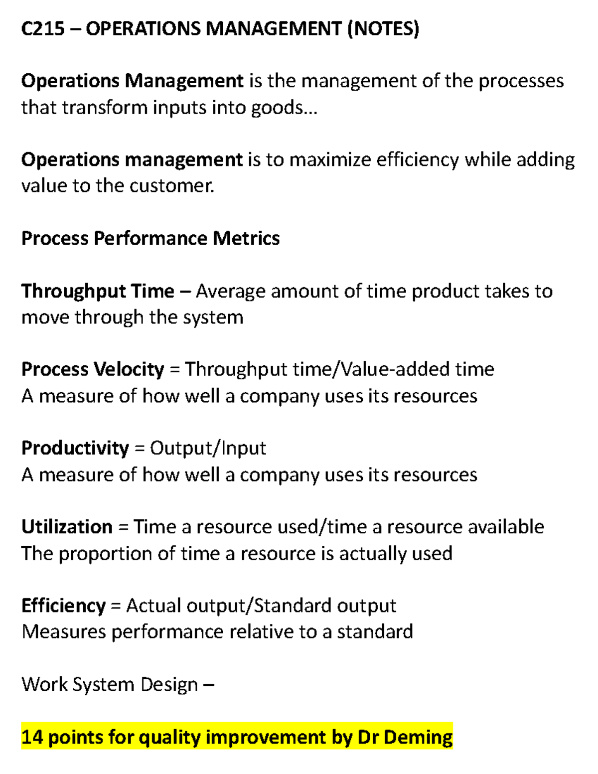 C215 - INFOOOO - C215 – OPERATIONS MANAGEMENT (NOTES) Operations ...