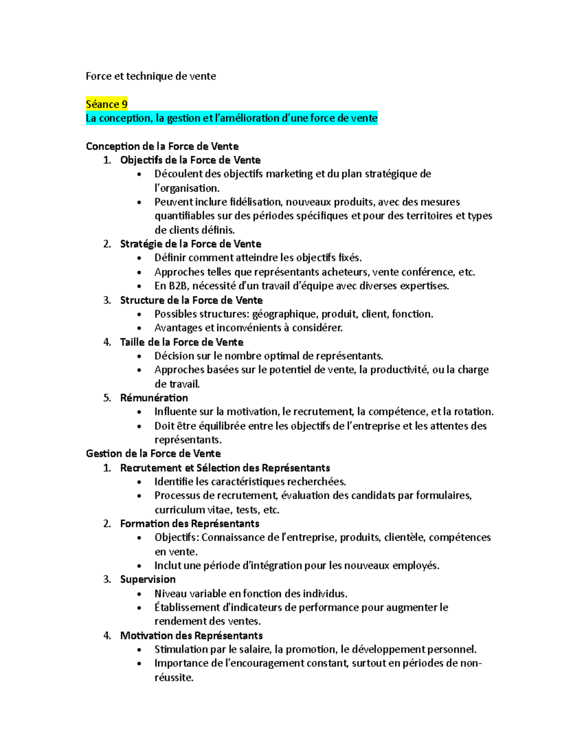 Note de cours examen final - Force et technique de vente Séance 9 La ...