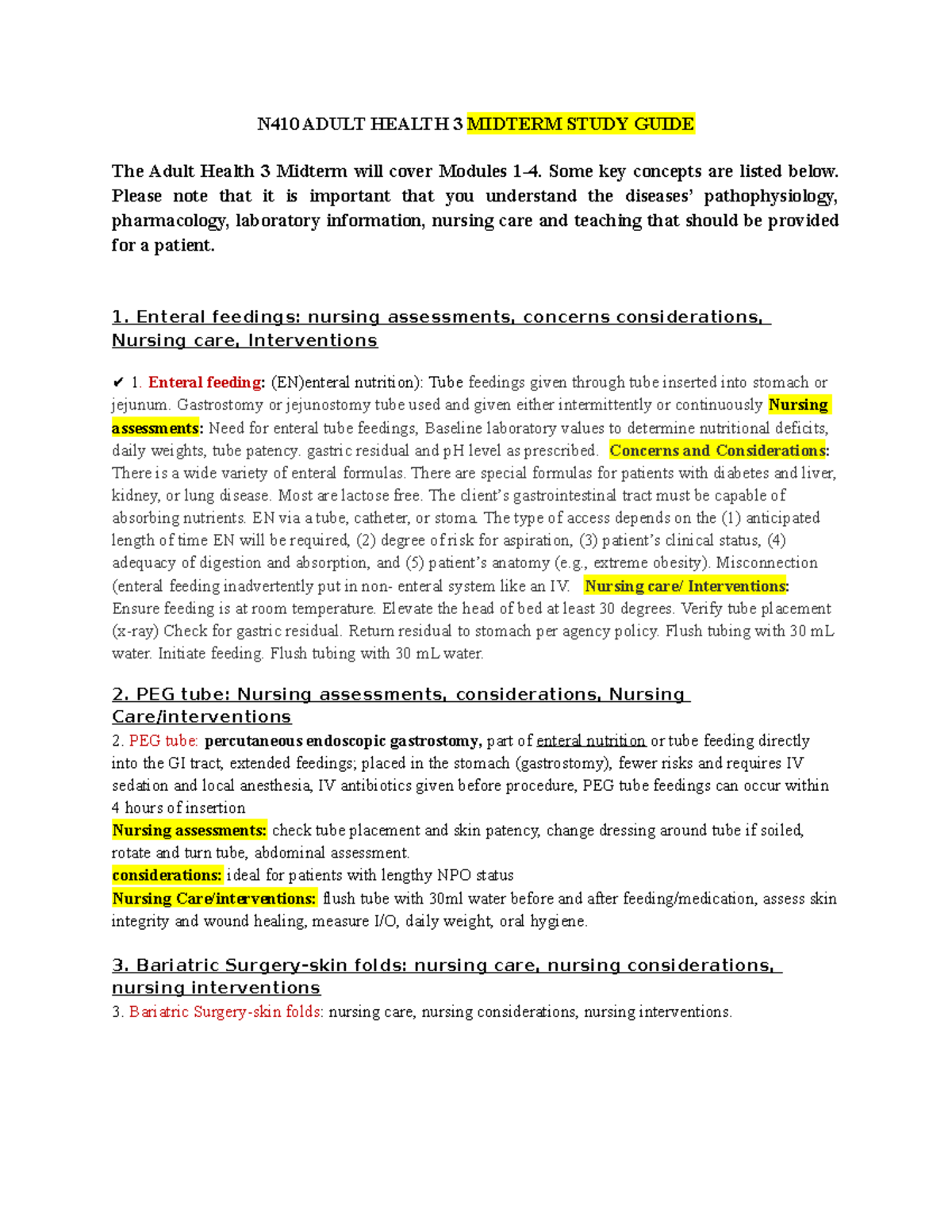 Updated Study Guide midterm (2) - N410 ADULT HEALTH 3 MIDTERM STUDY ...