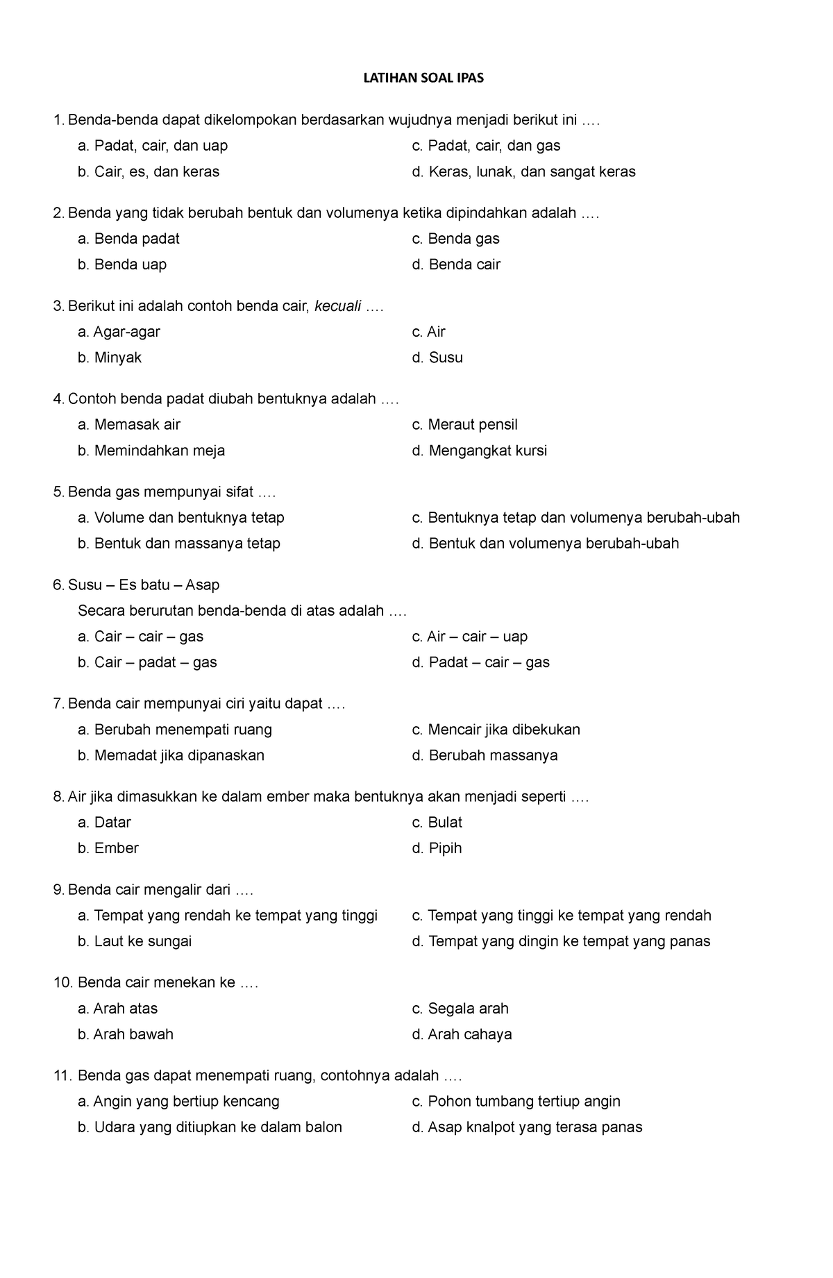 Latihan SOAL IPAS - LATIHAN SOAL IPAS Benda-benda Dapat Dikelompokan ...