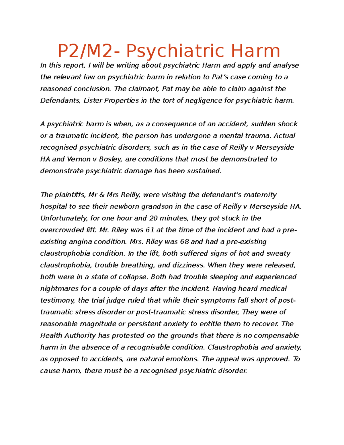 P2M2 Psychiatric Harm P2/M2 Psychiatric Harm In this report, I will be writing about Studocu