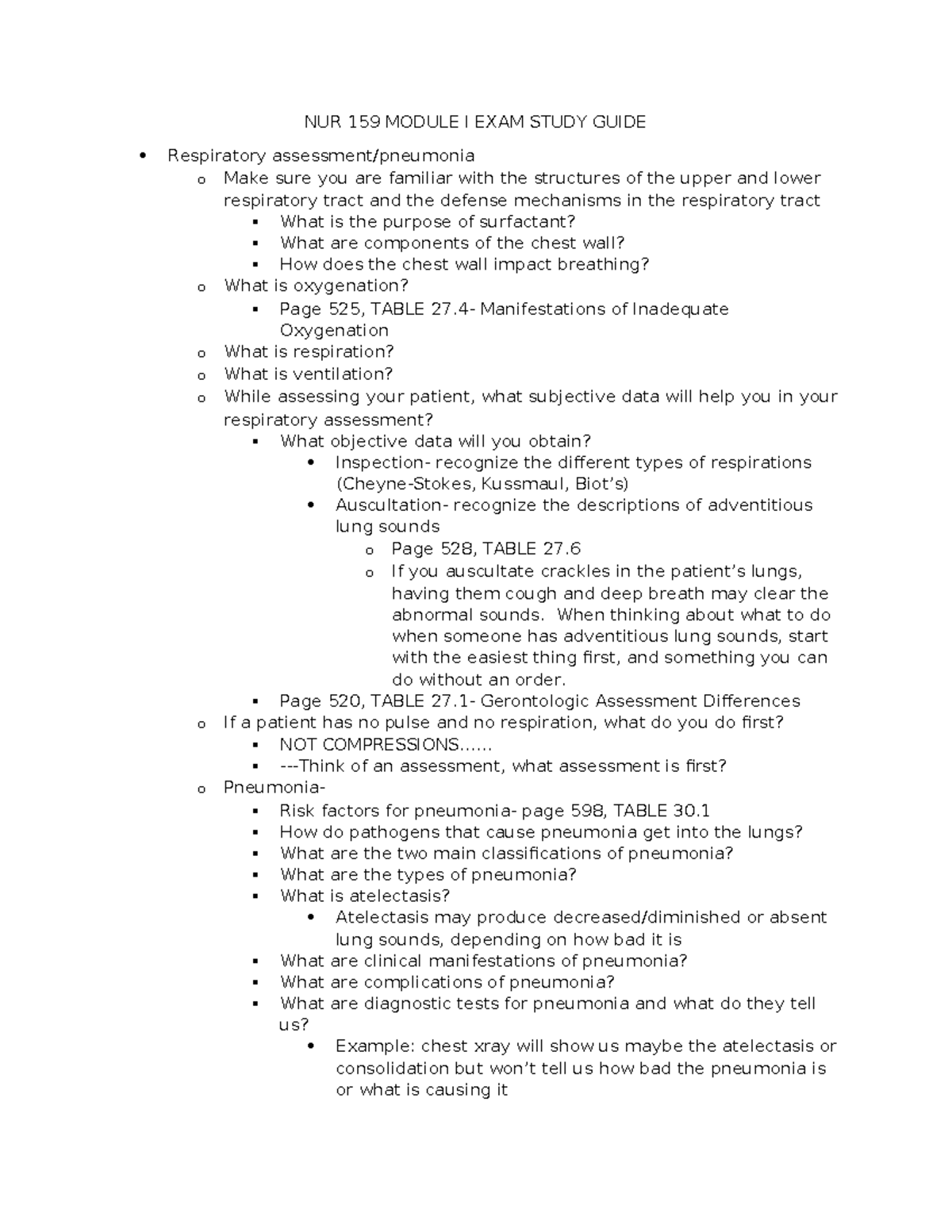 NUR 159 Module I Study Guide - NUR 159 MODULE I EXAM STUDY GUIDE ...