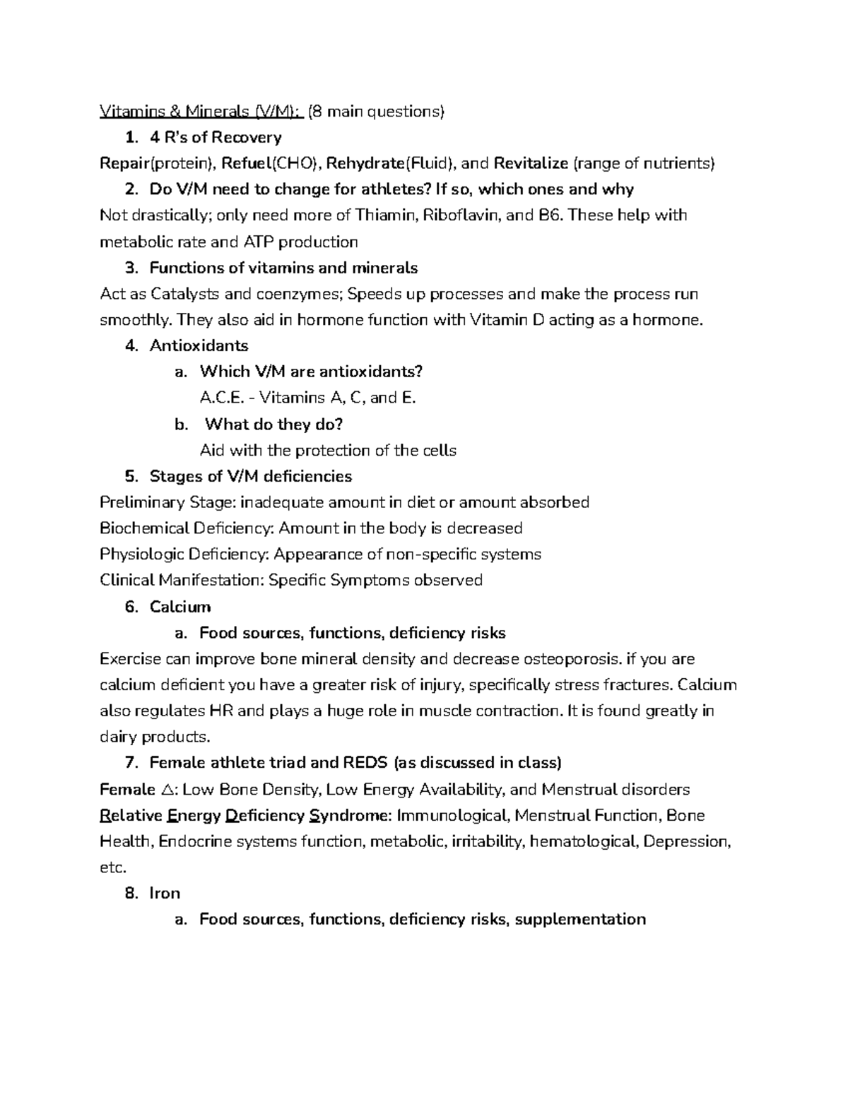 Vitamins and Minerals Study Guide Vitamins & Minerals (V/M) (8 main