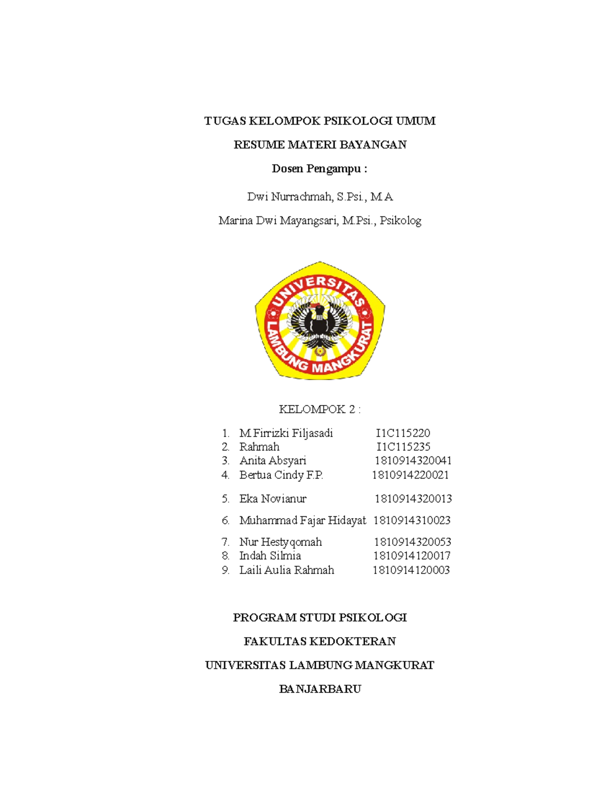 Resume bayangan (psi - TUGAS KELOMPOK PSIKOLOGI UMUM RESUME MATERI