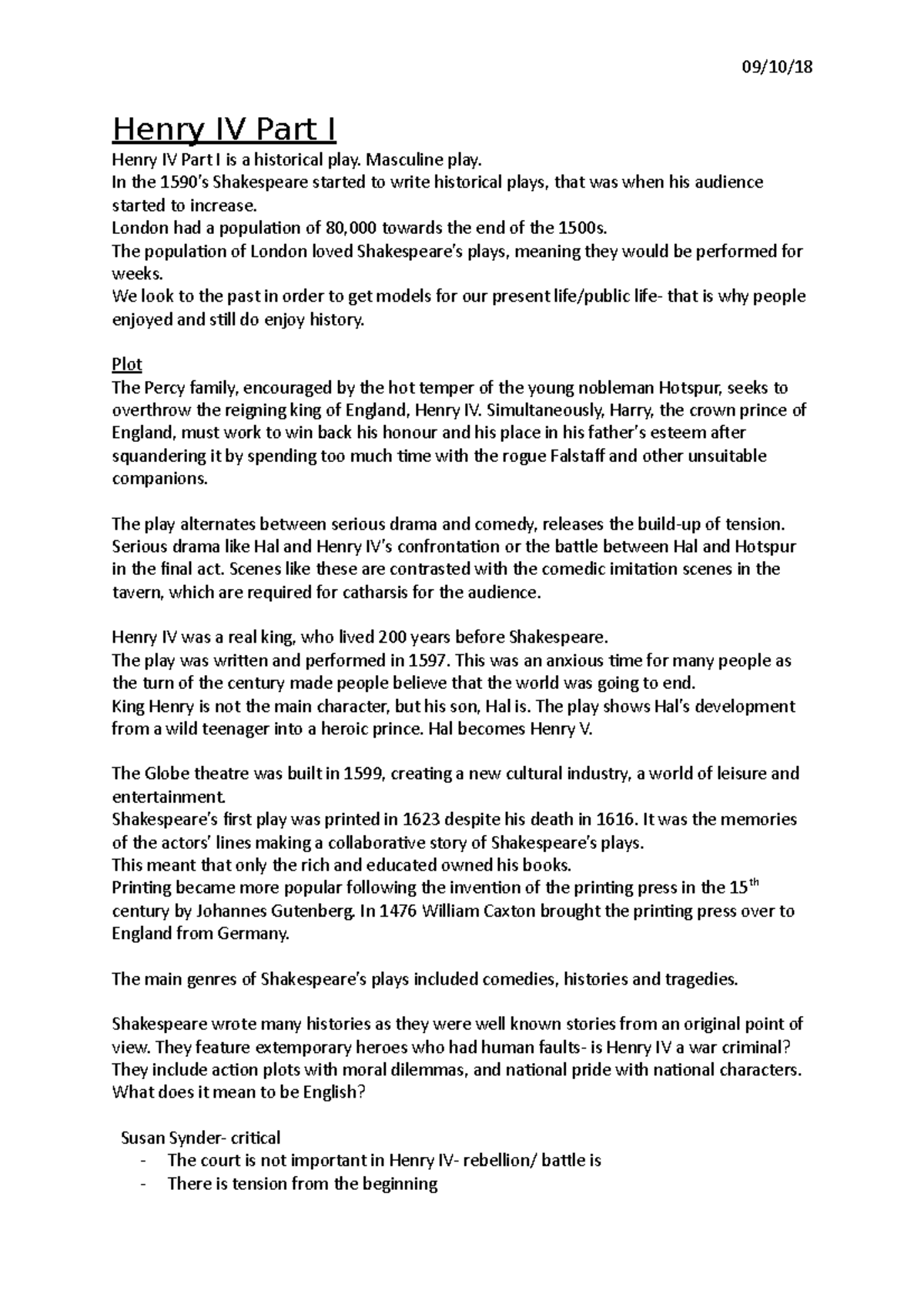 Henry IV Part I - EN1106 - 09/10/ Henry IV Part I Henry IV Part I is a ...