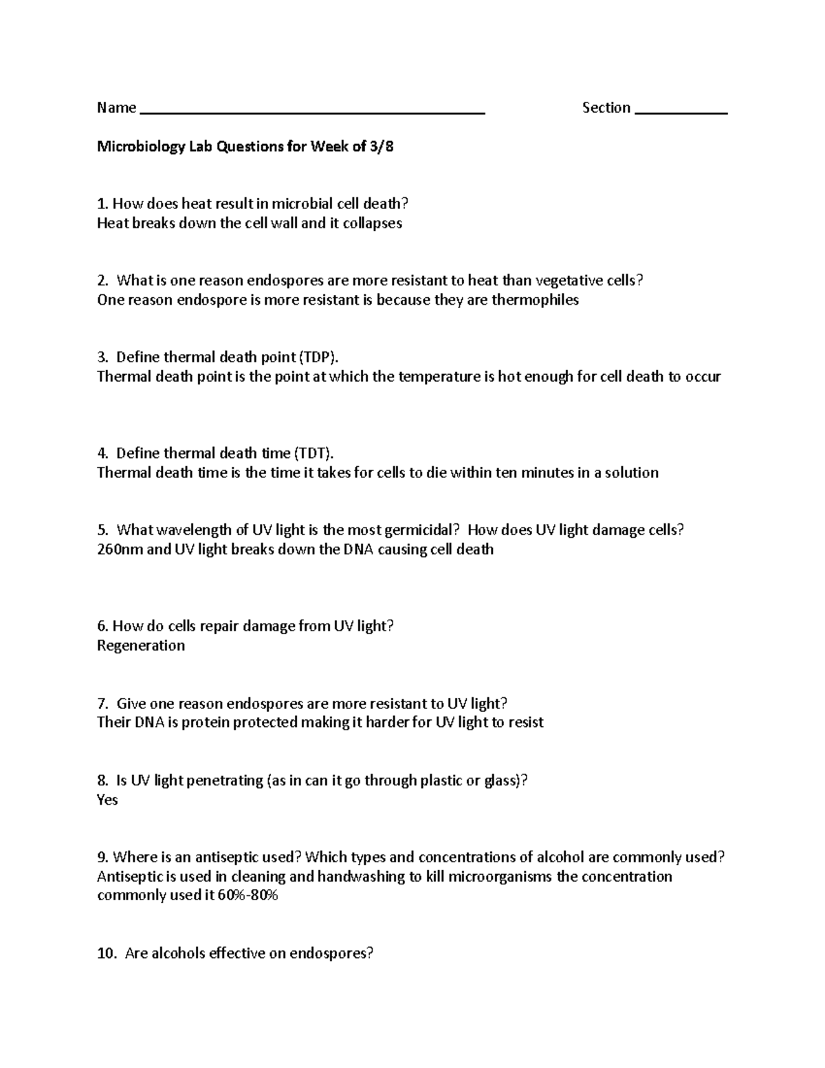 Microbiology Lab Questions Name Section Microbiology Lab Questions
