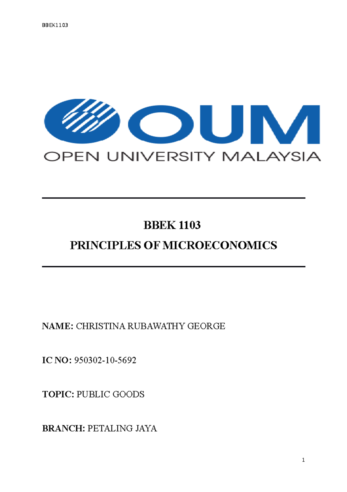 BBEK 1103 - Na A - BBEK 1103 PRINCIPLES OF MICROECONOMICS NAME: - Studocu