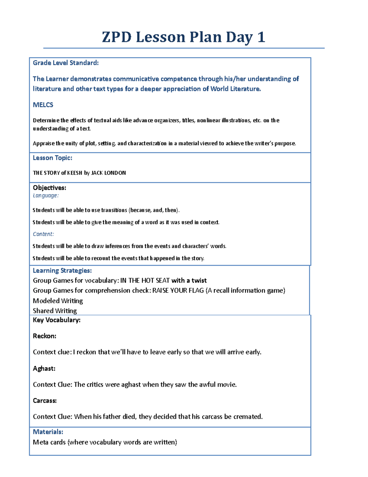 ZPD Lesson Plan noting significant detail - ZPD Lesson Plan Day 1 Grade ...